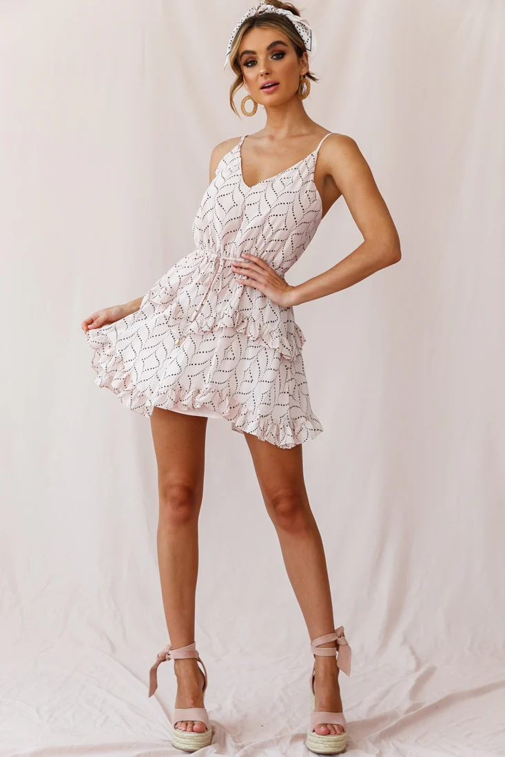Provence Frill Trim Drawstring Waist Dress Polka Dot Print Blush - Image 5