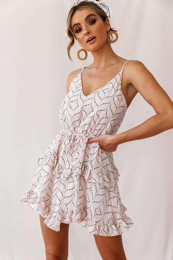 Provence Frill Trim Drawstring Waist Dress Polka Dot Print Blush - Image 7