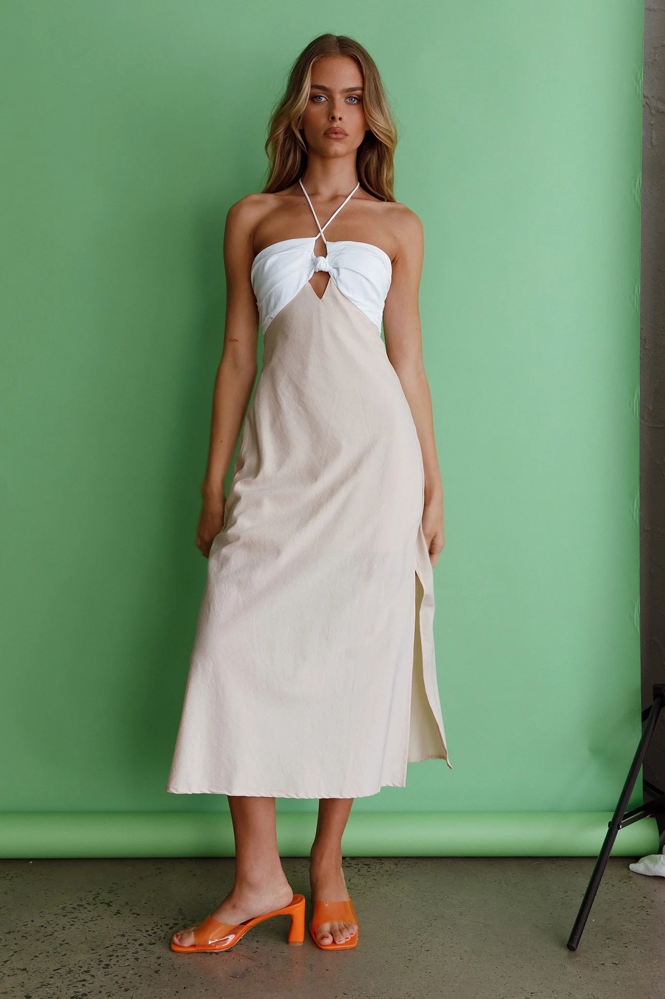 Prue Halterneck Midi Dress Beige - Image 4