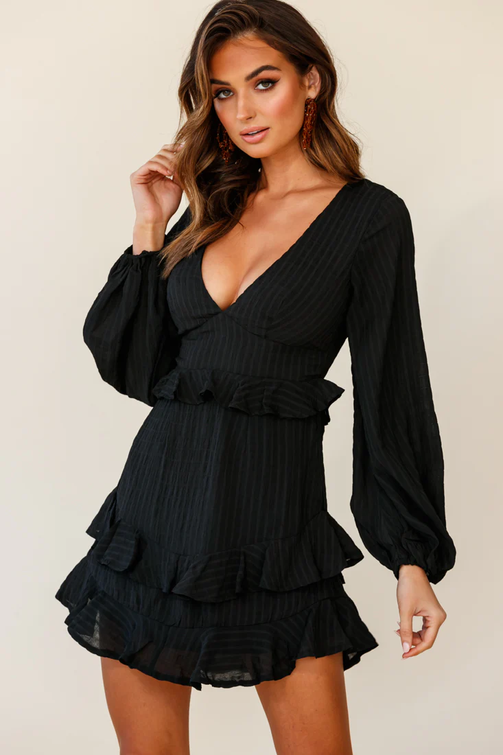 Queenie Long Balloon Sleeve Ruffle Trim Dress Black - Image 2