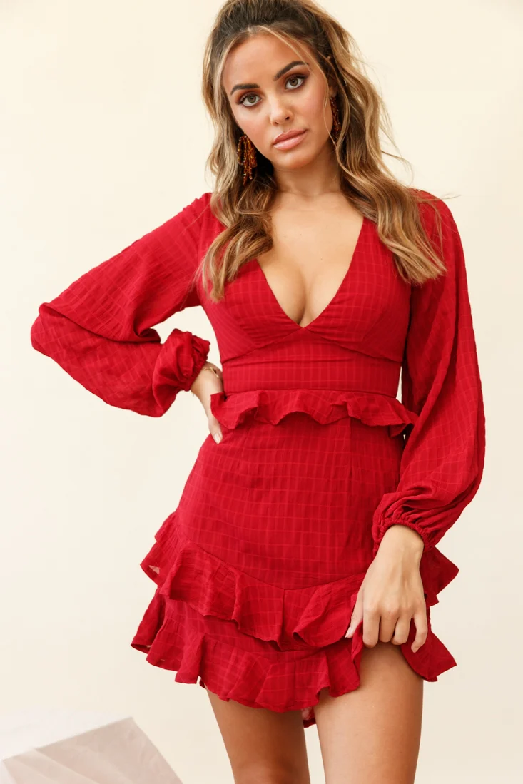 Queenie Long Balloon Sleeve Ruffle Trim Dress Wine - Image 2