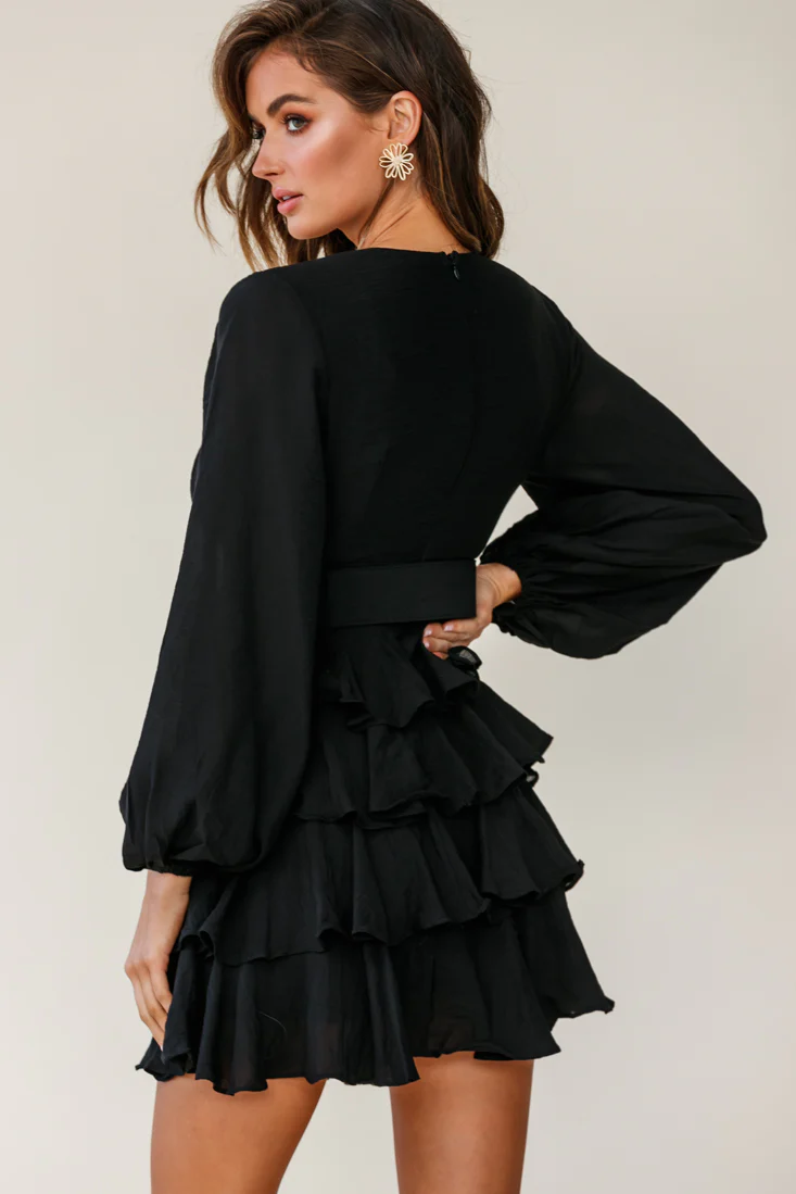 Queensland Balloon Sleeve Tiered Frill Belt Dress Black - Image 2