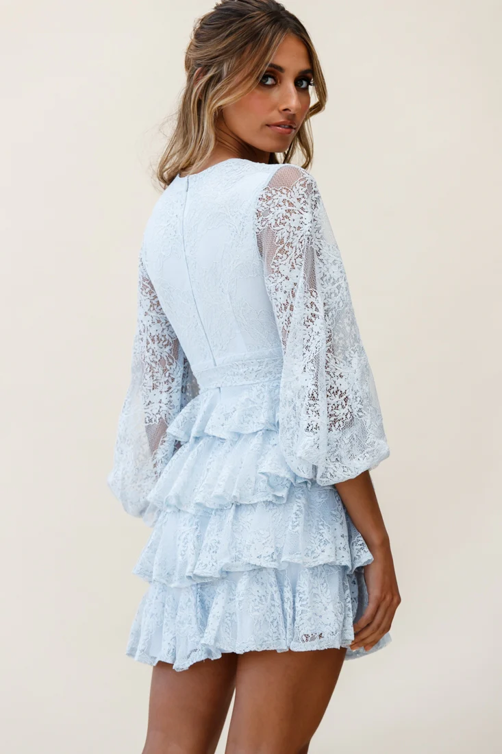 Queensland Balloon Sleeve Tiered Frill Lace Dress Steel Blue - Image 4