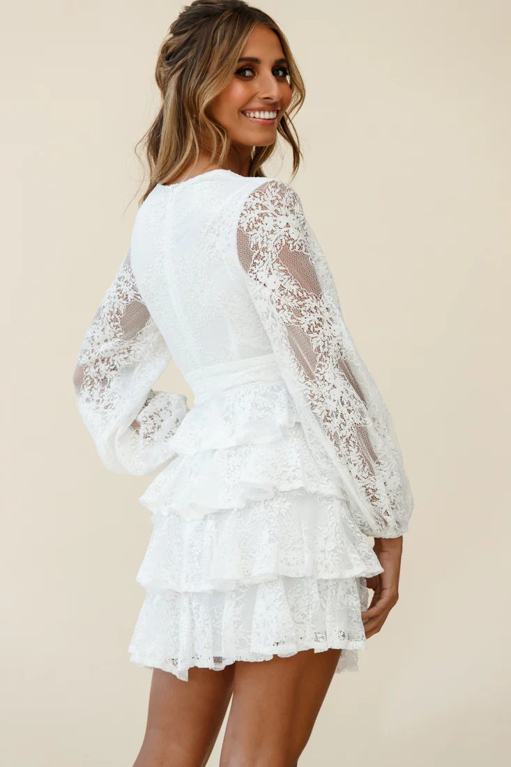 Queensland Balloon Sleeve Tiered Frill Lace Dress White - Image 3