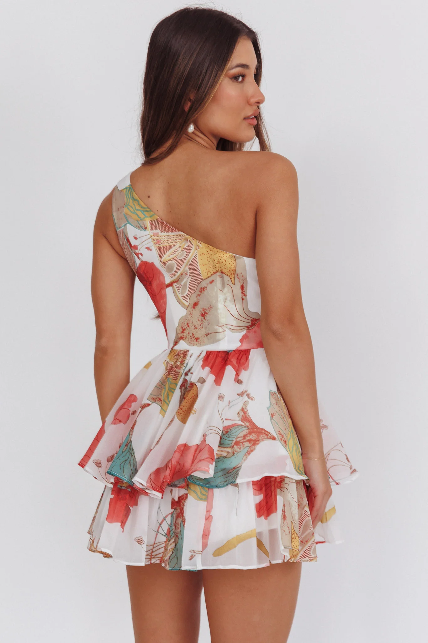 Raelene One-Shoulder Ruffle Romper Floral Red - Image 2