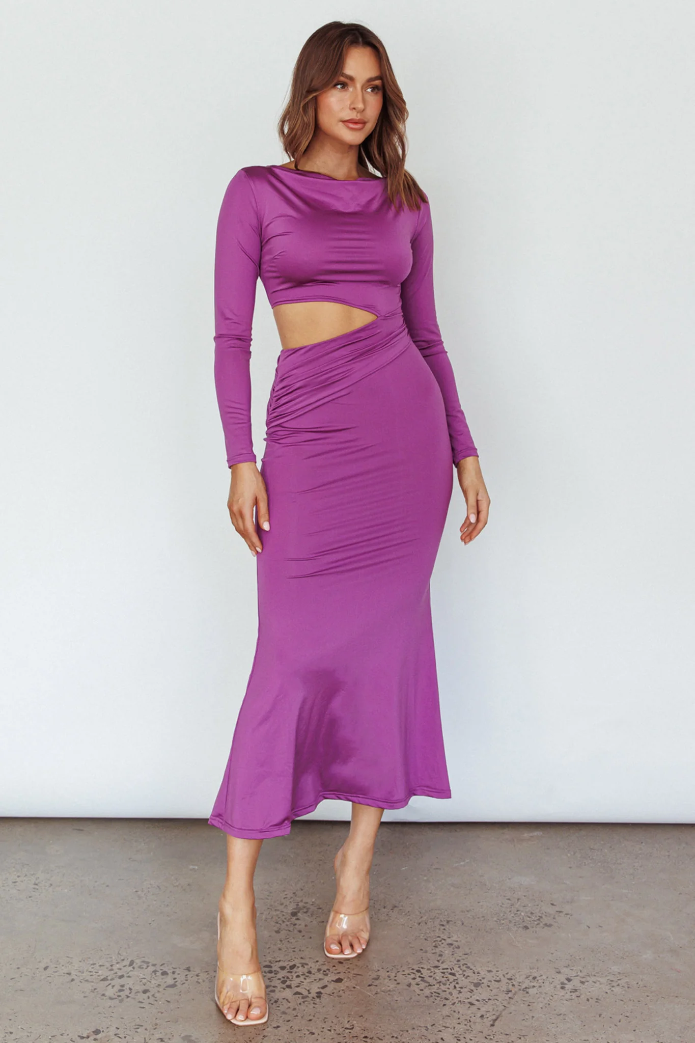 Rajah Long Sleeve Cut-Out Midi Dress Purple - Image 5