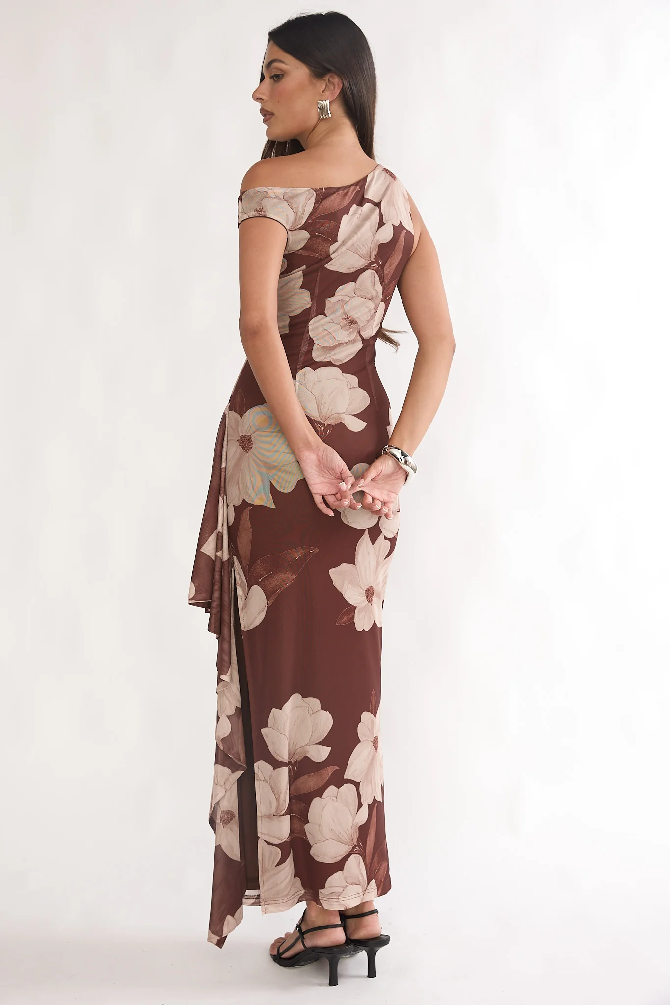 Raphaella Asymmetric Neckline Split Maxi Dress Magnolia Brown - Image 2