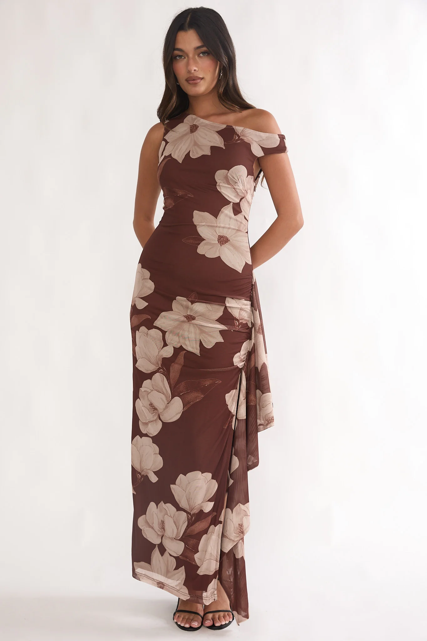 Raphaella Asymmetric Neckline Split Maxi Dress Magnolia Brown - Image 4