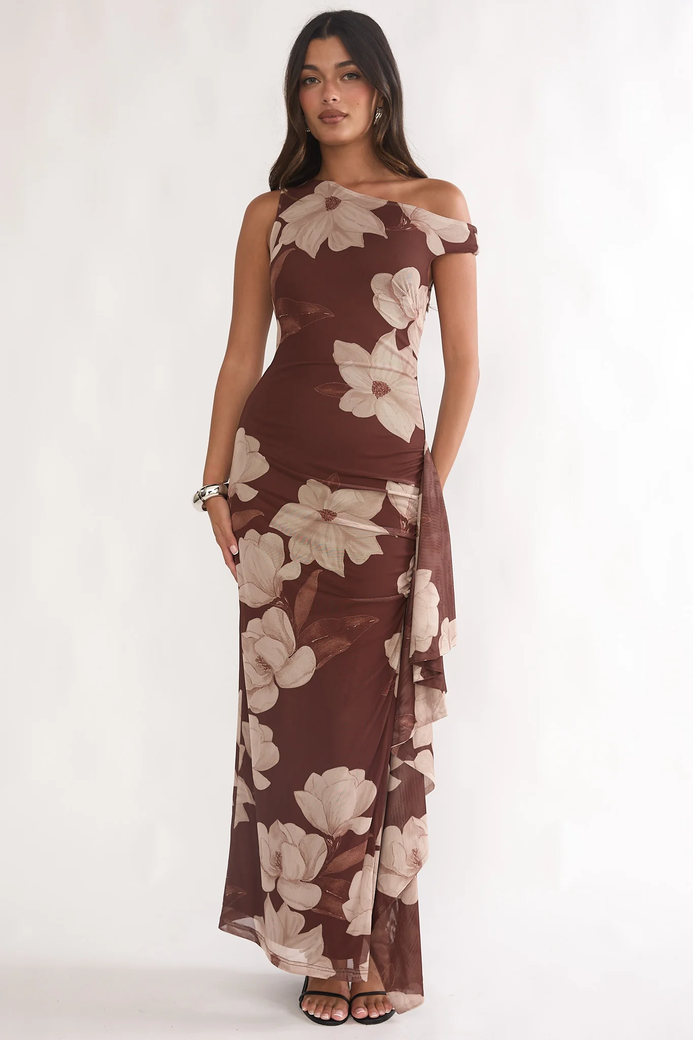 Raphaella Asymmetric Neckline Split Maxi Dress Magnolia Brown - Image 5