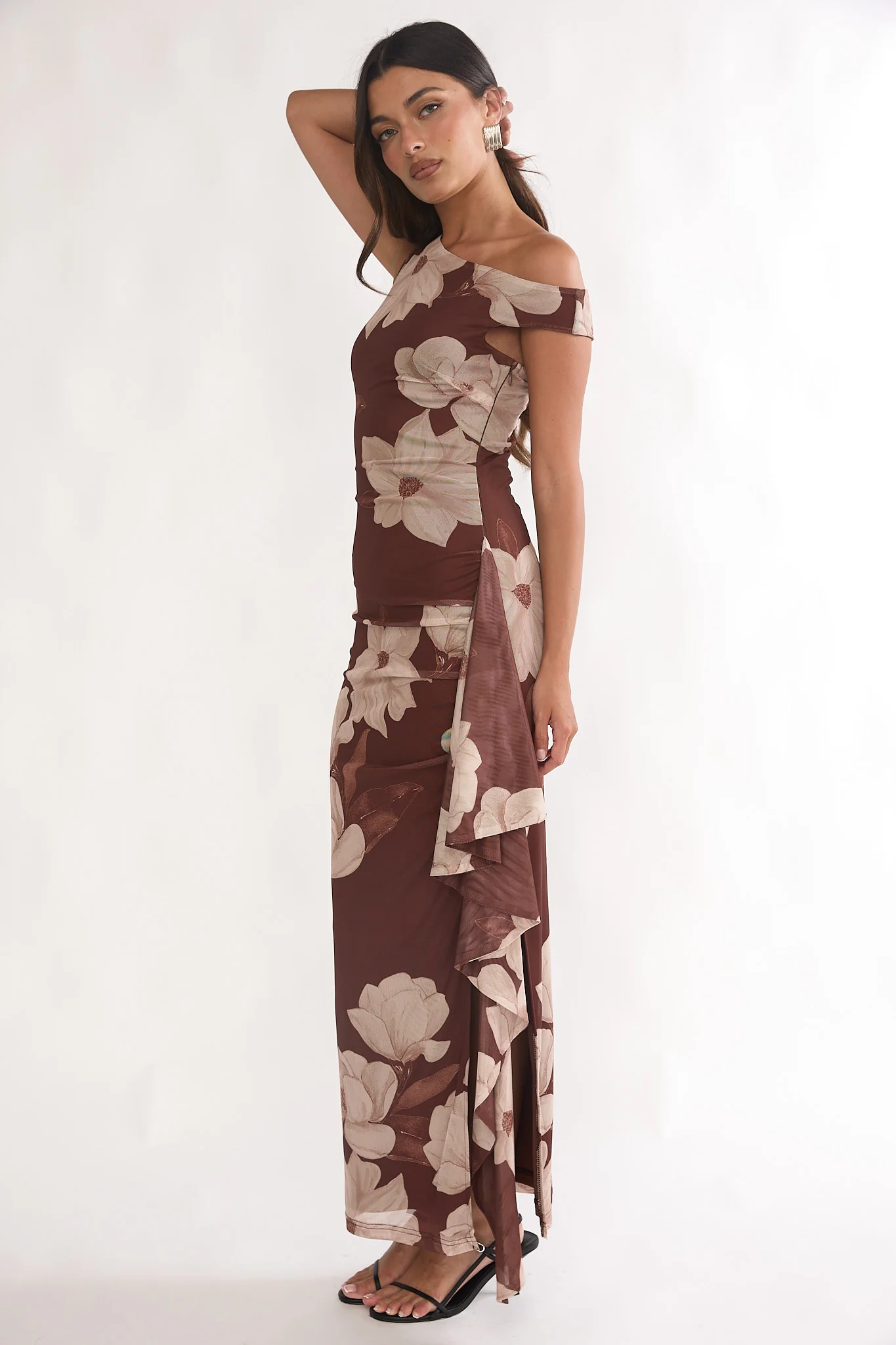 Raphaella Asymmetric Neckline Split Maxi Dress Magnolia Brown - Image 6