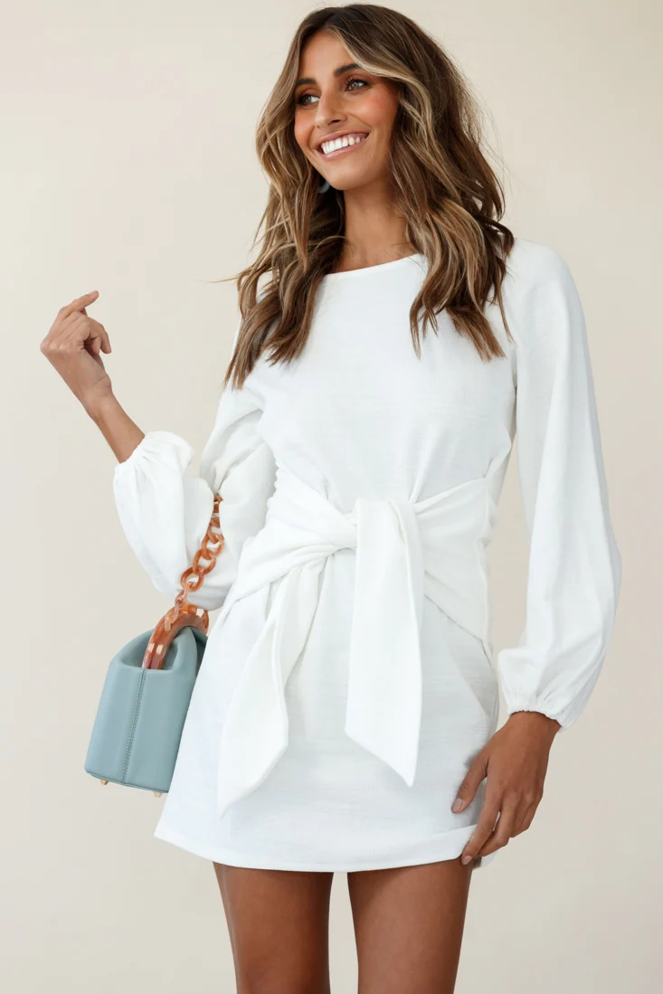 Rapt Waist Tie Balloon Sleeve Knit Dress White - Image 5