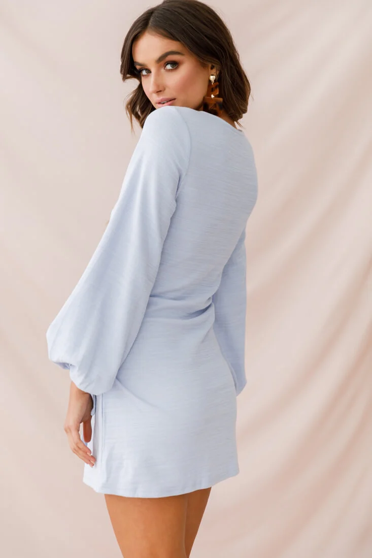 Rapt Waist Tie Bishop Sleeve Knit Dress Steel Blue - Image 4