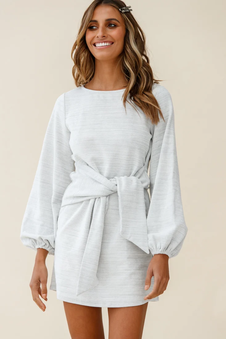 Rapt Waist Tie Bishop Sleeve Knit Dress Steel Grey - Image 2