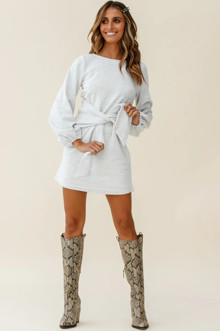 Rapt Waist Tie Bishop Sleeve Knit Dress Steel Grey - Image 4