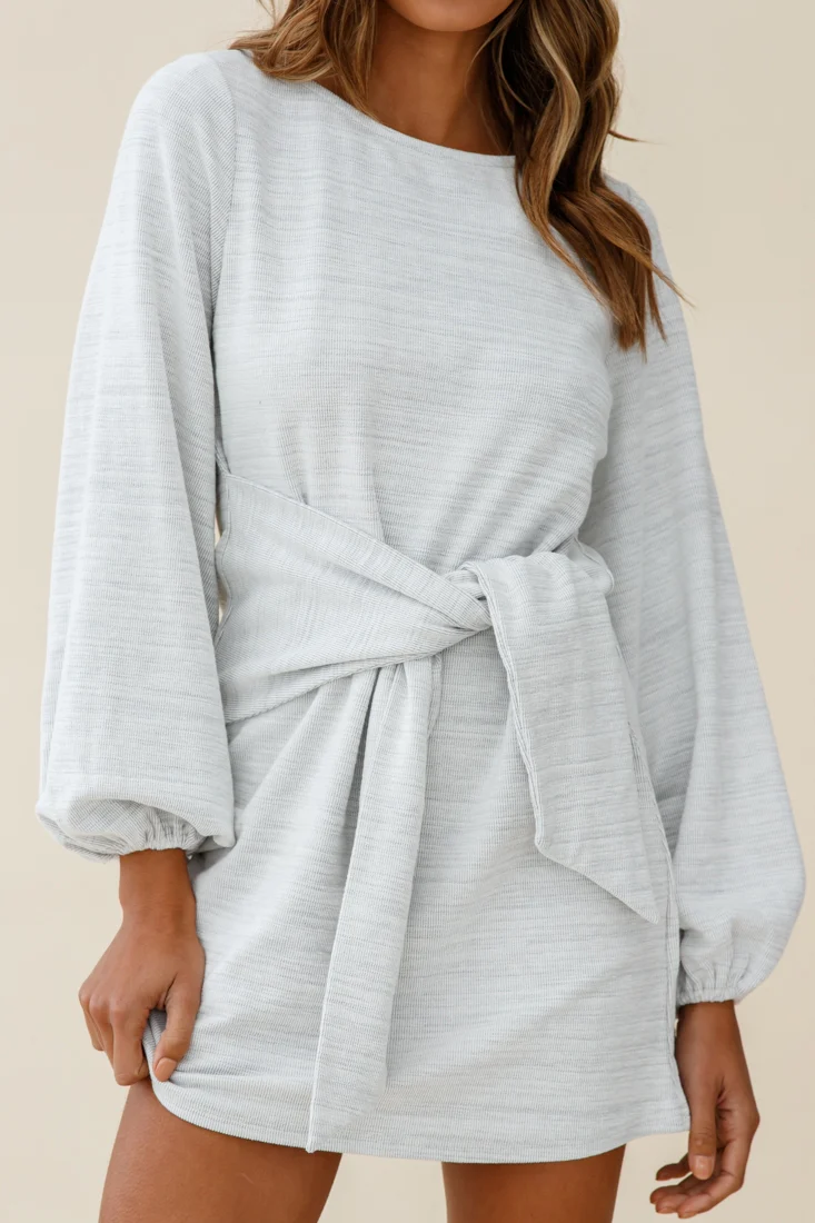 Rapt Waist Tie Bishop Sleeve Knit Dress Steel Grey - Image 7