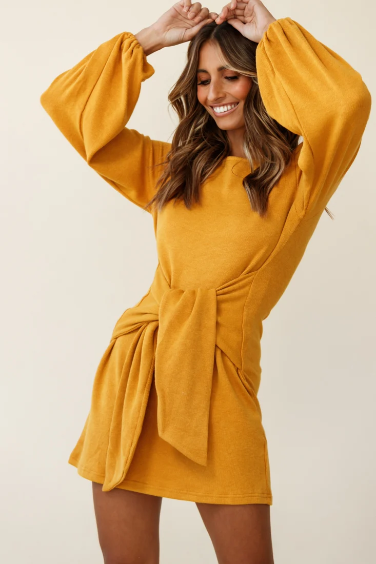 Rapt Waist Tie Knit Dress Mustard - Image 4