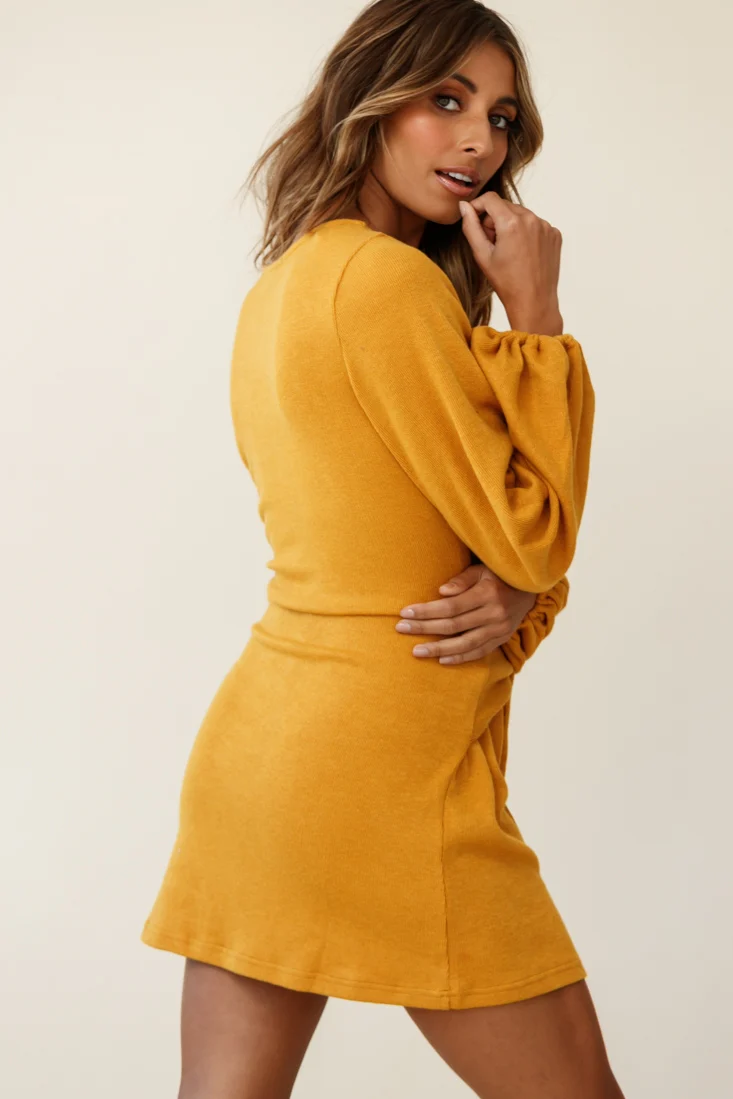 Rapt Waist Tie Knit Dress Mustard - Image 7