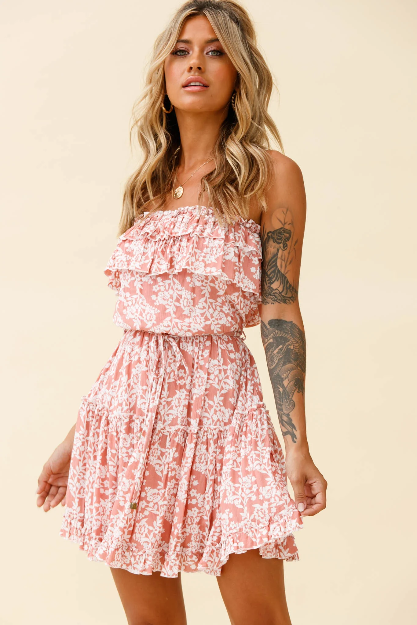 Raquel Strapless Layered Dress Floral Print Blush - Image 4