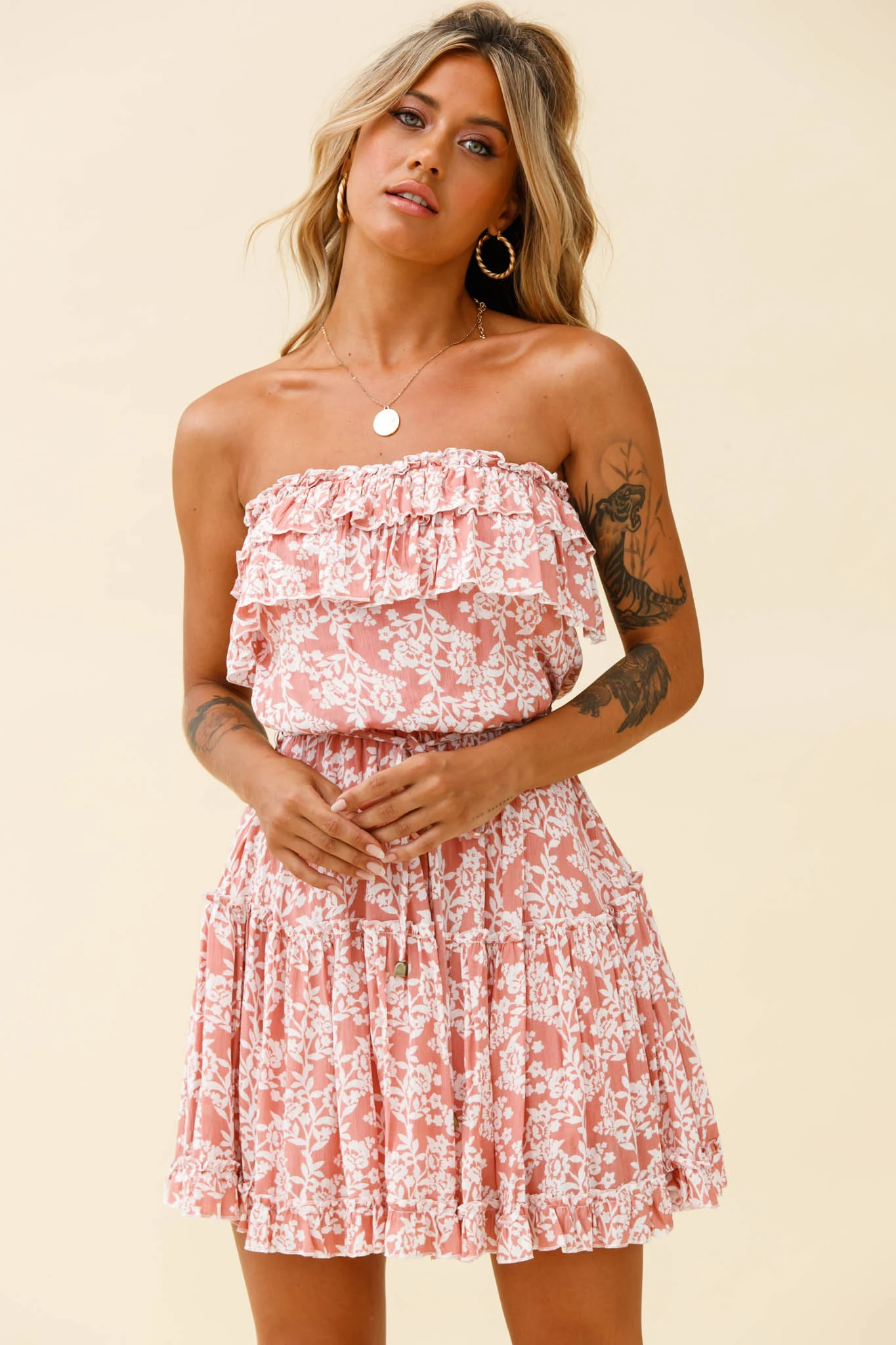 Raquel Strapless Layered Dress Floral Print Blush - Image 5
