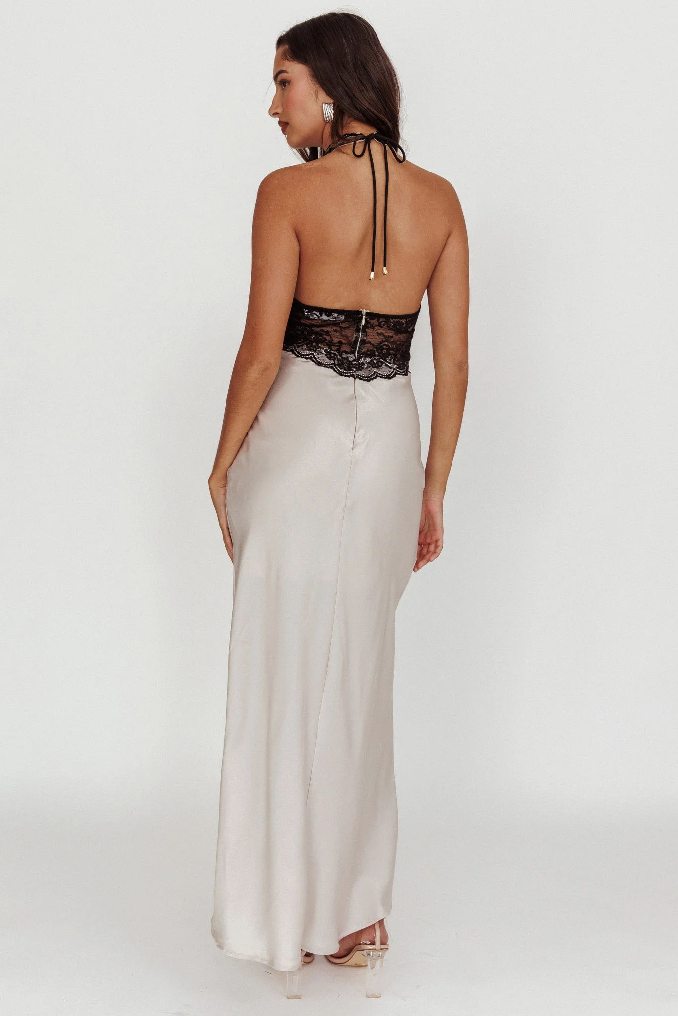 Rarity Satin Lace Halterneck Maxi Dress Champagne - Image 2