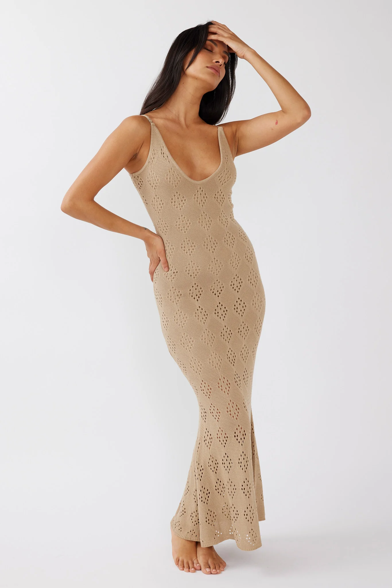 Raven Cami Strap Crochet Maxi Dress Sand - Image 3