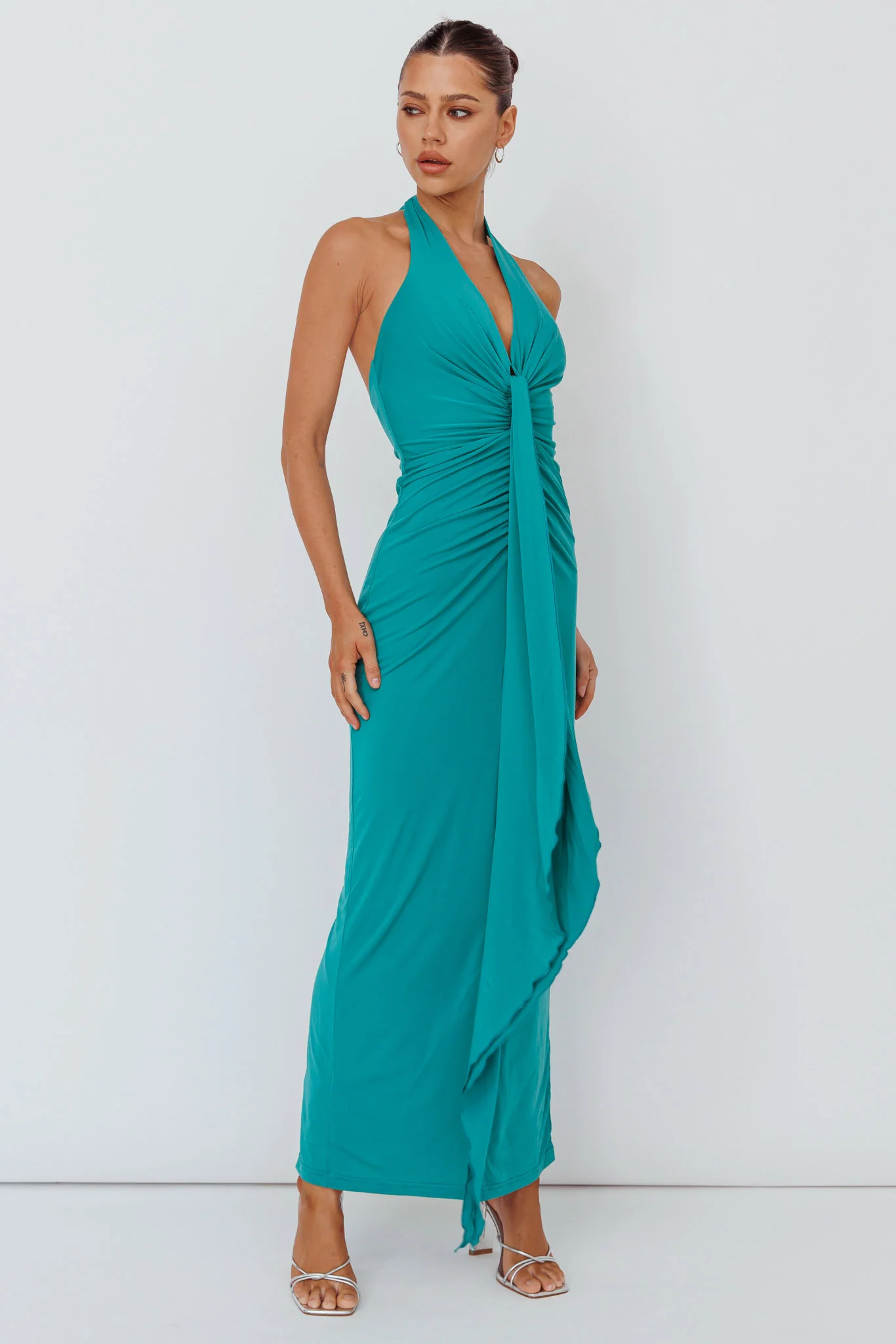 Ray Of Light Ruched Halterneck Maxi Dress Green - Image 3