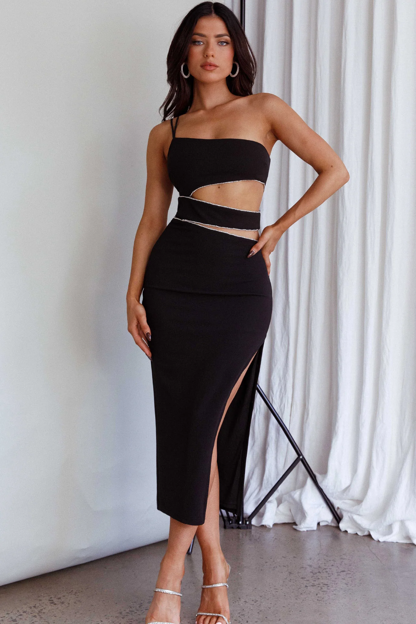 Raye Cut-Out Waist Rhinestone Midi Dress Black - Image 3