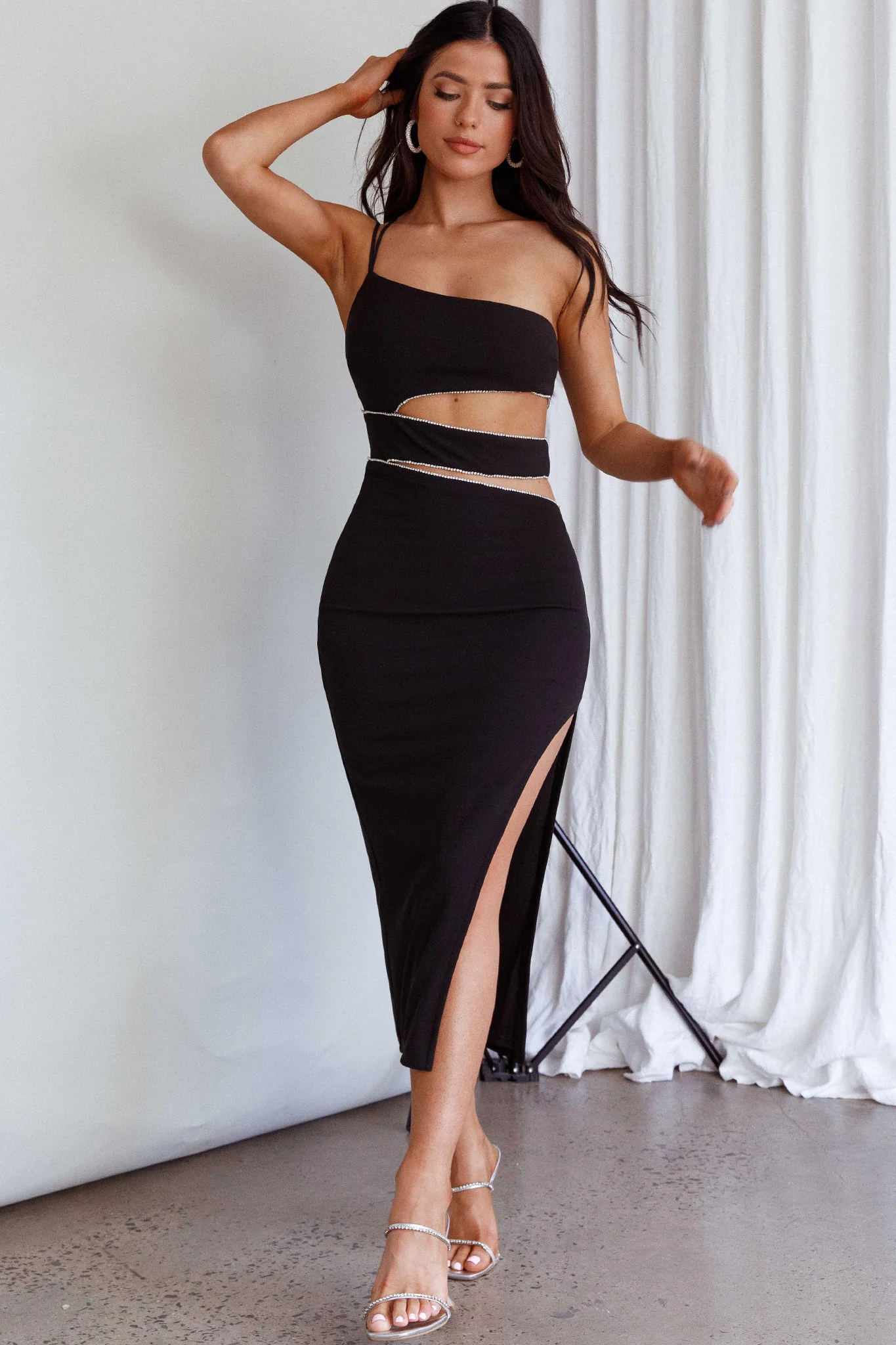 Raye Cut-Out Waist Rhinestone Midi Dress Black - Image 7