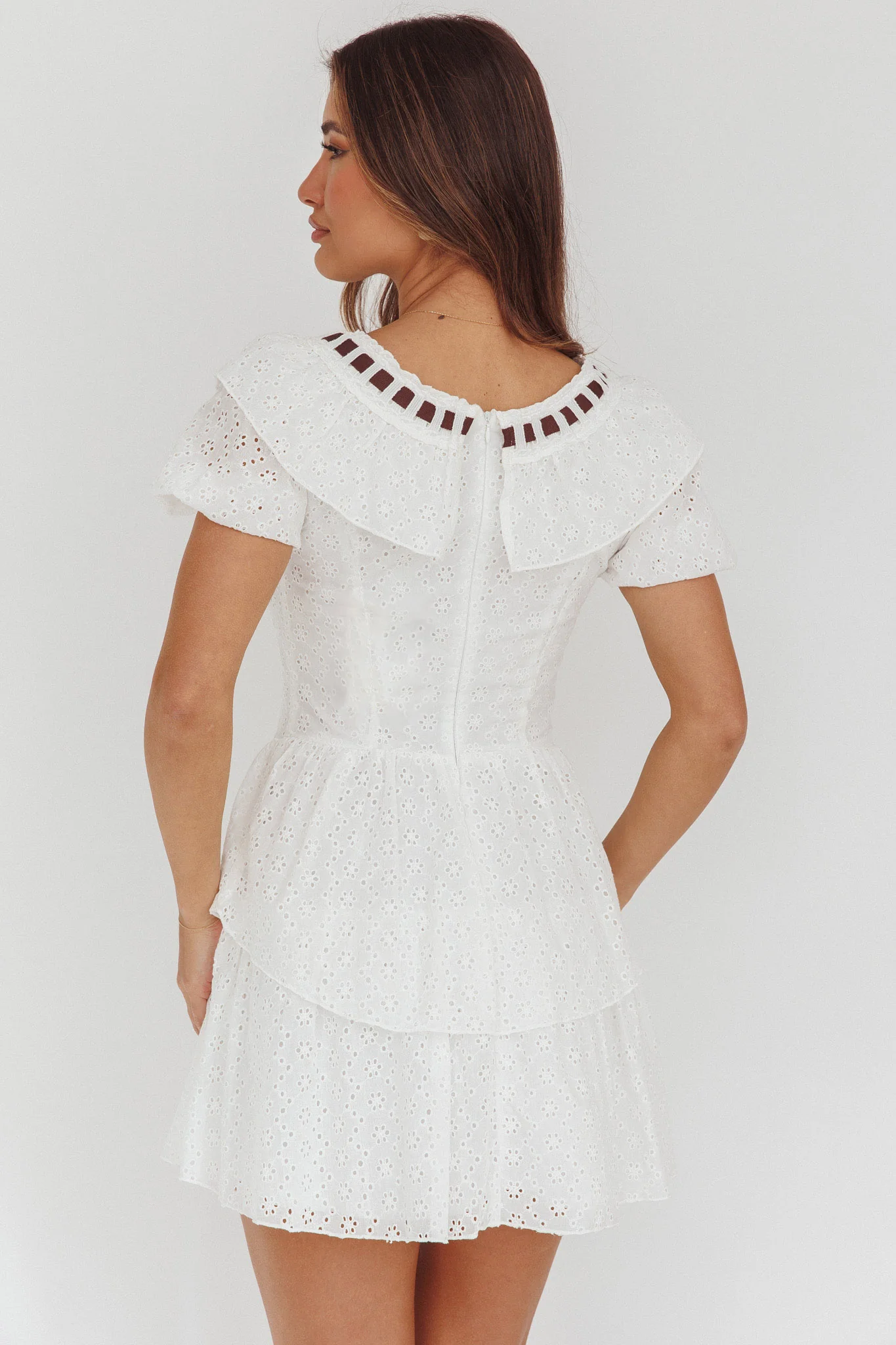 Rayelle Puff Sleeve Ruffle Eyelet Embroidery Mini Dress White - Image 2