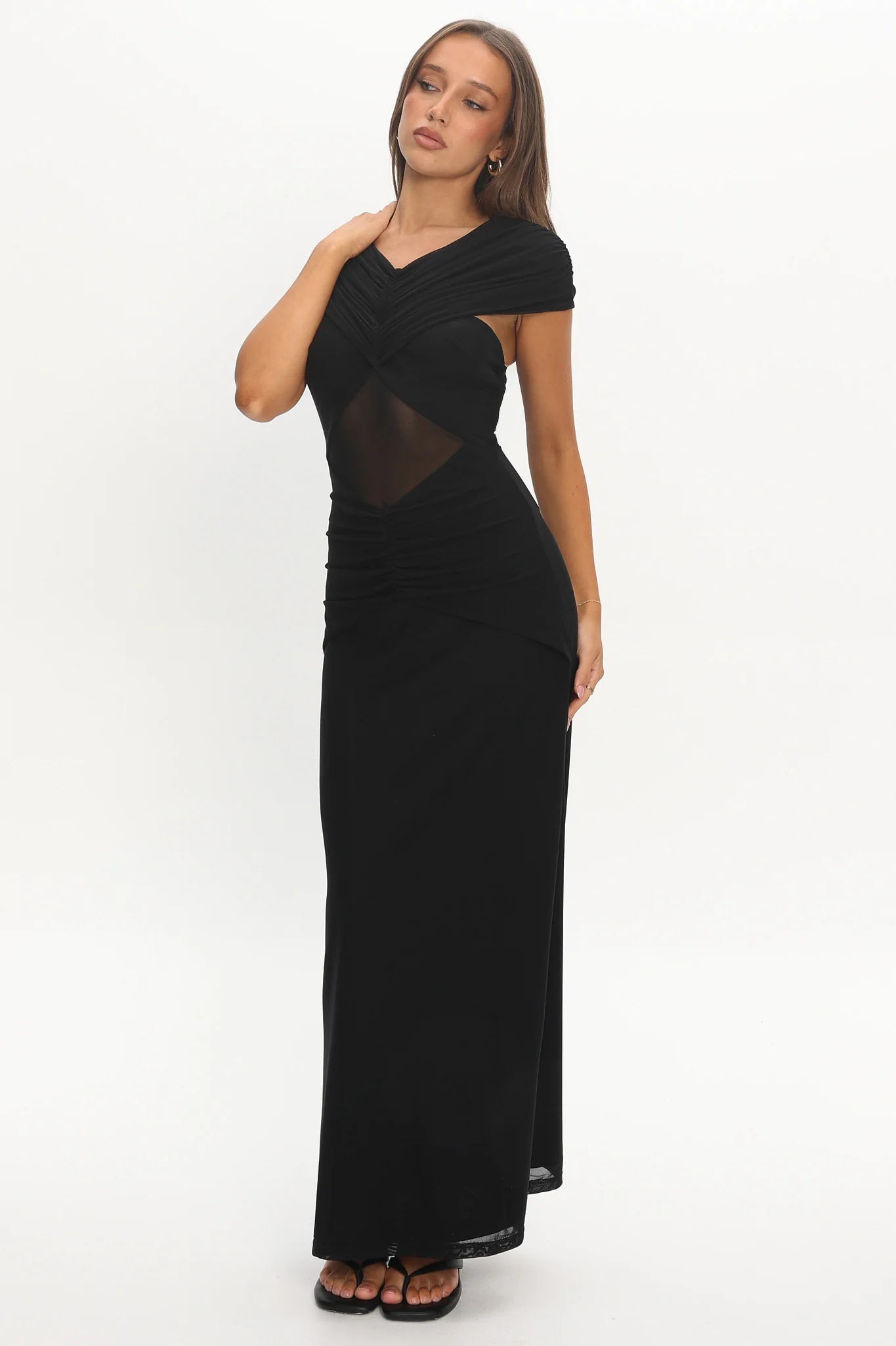 Reba Sheer Waist Ruched Maxi Waist Black