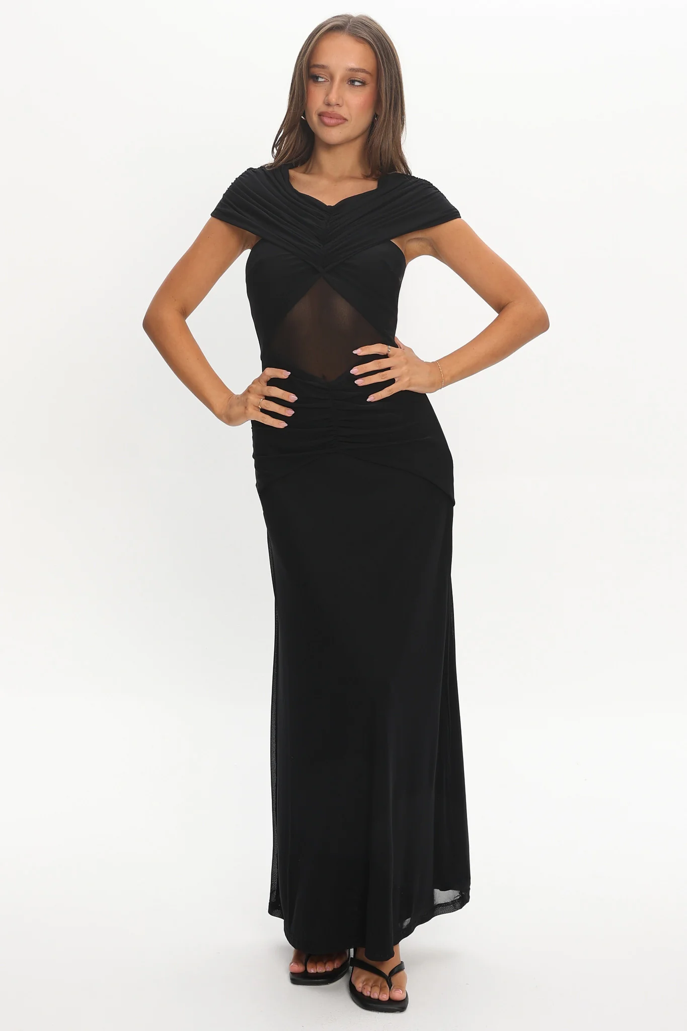Reba Sheer Waist Ruched Maxi Waist Black - Image 2