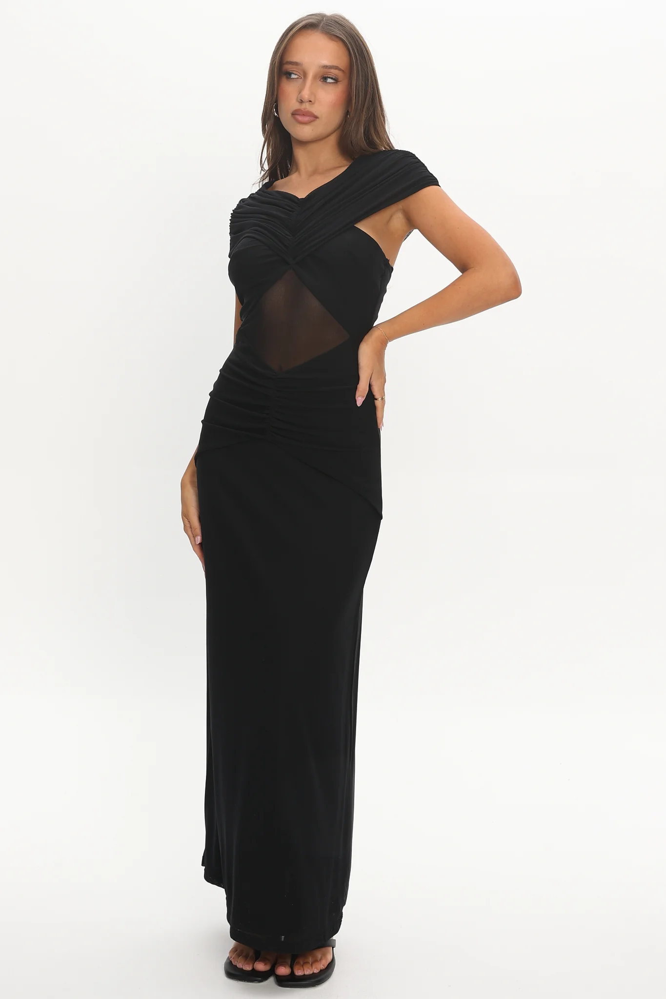 Reba Sheer Waist Ruched Maxi Waist Black - Image 5