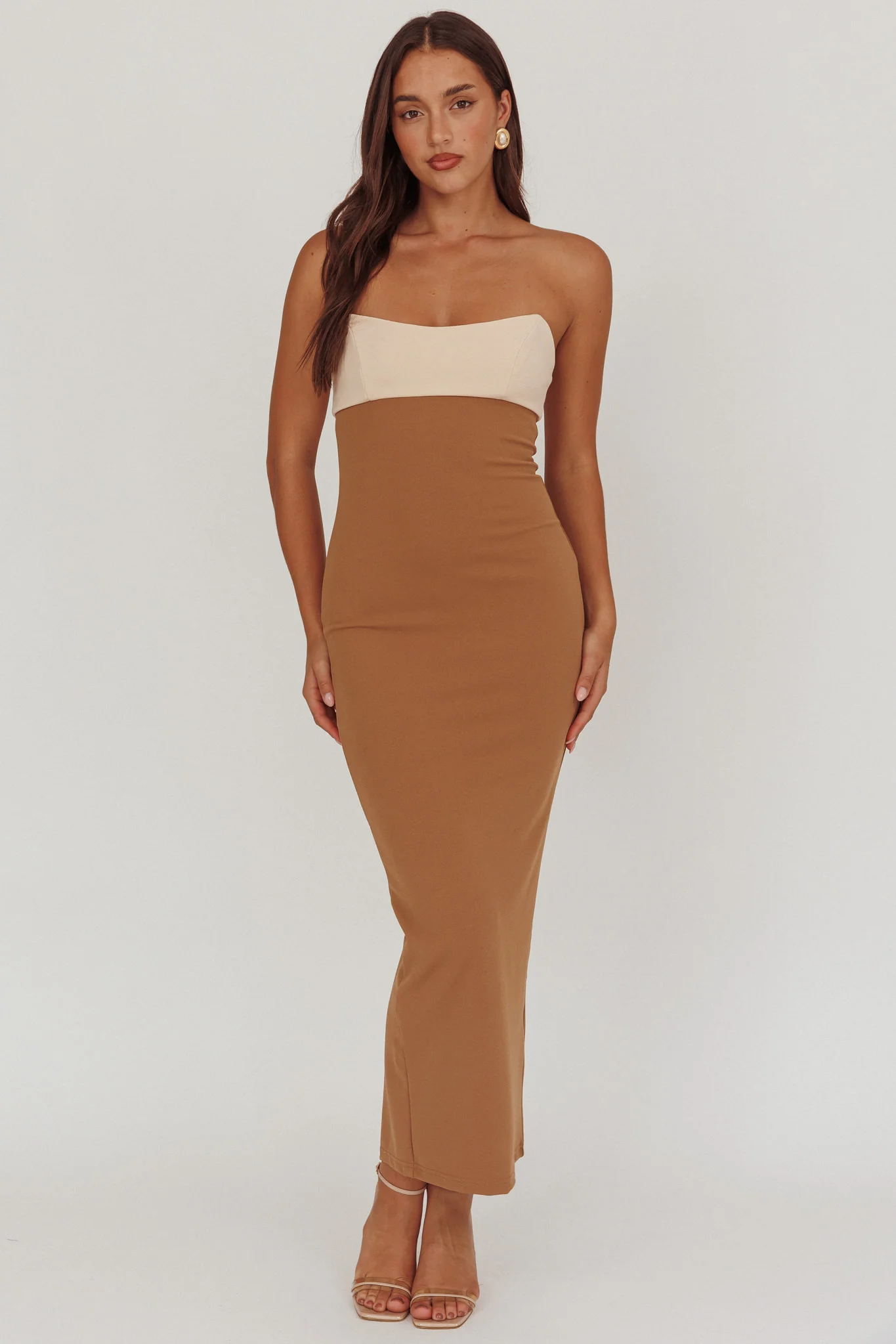 Regent Strapless Maxi Dress Contrast Camel - Image 5