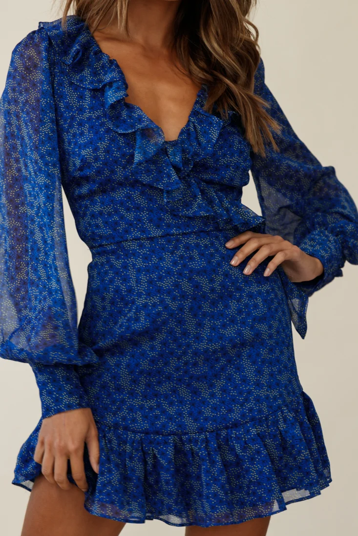 Regina Long Sleeve Ruffle Neckline Dress Flower Print Royal Blue - Image 6