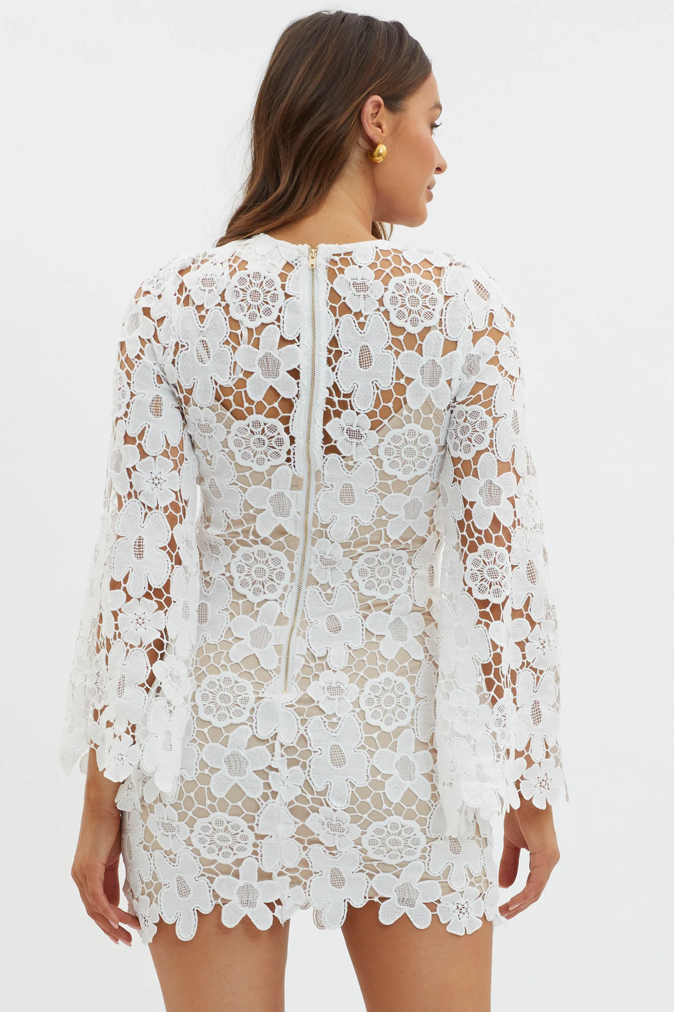Reinhart Flared Sleeve Crochet Lace Dress White - Image 3