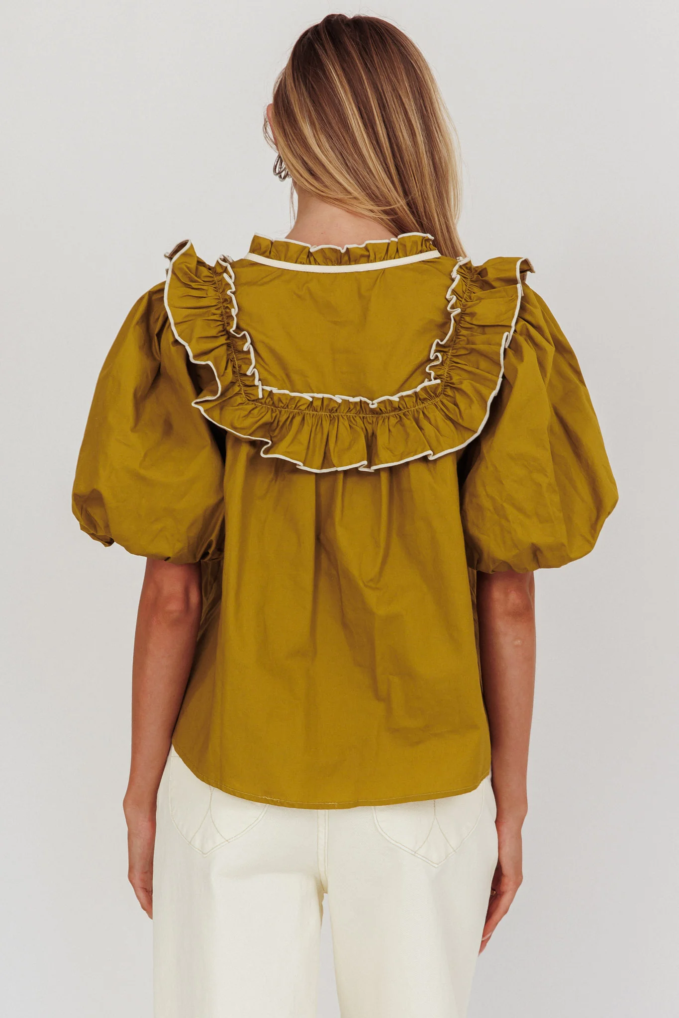 Remarkable Puff Sleeve Tied Neck Top Olive - Image 2