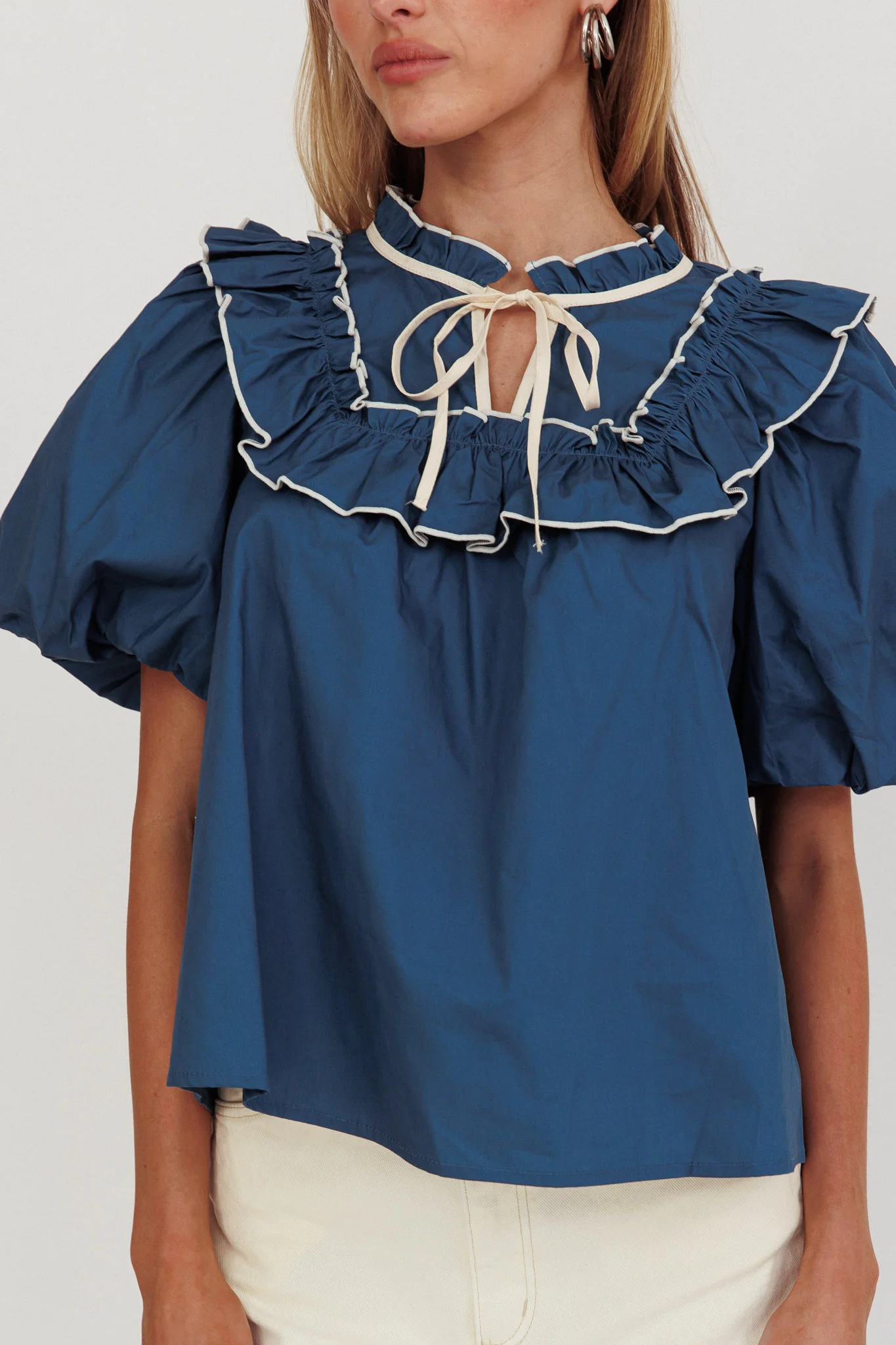 Remarkable Puff Sleeve Tied Neck Top Teal - Image 4