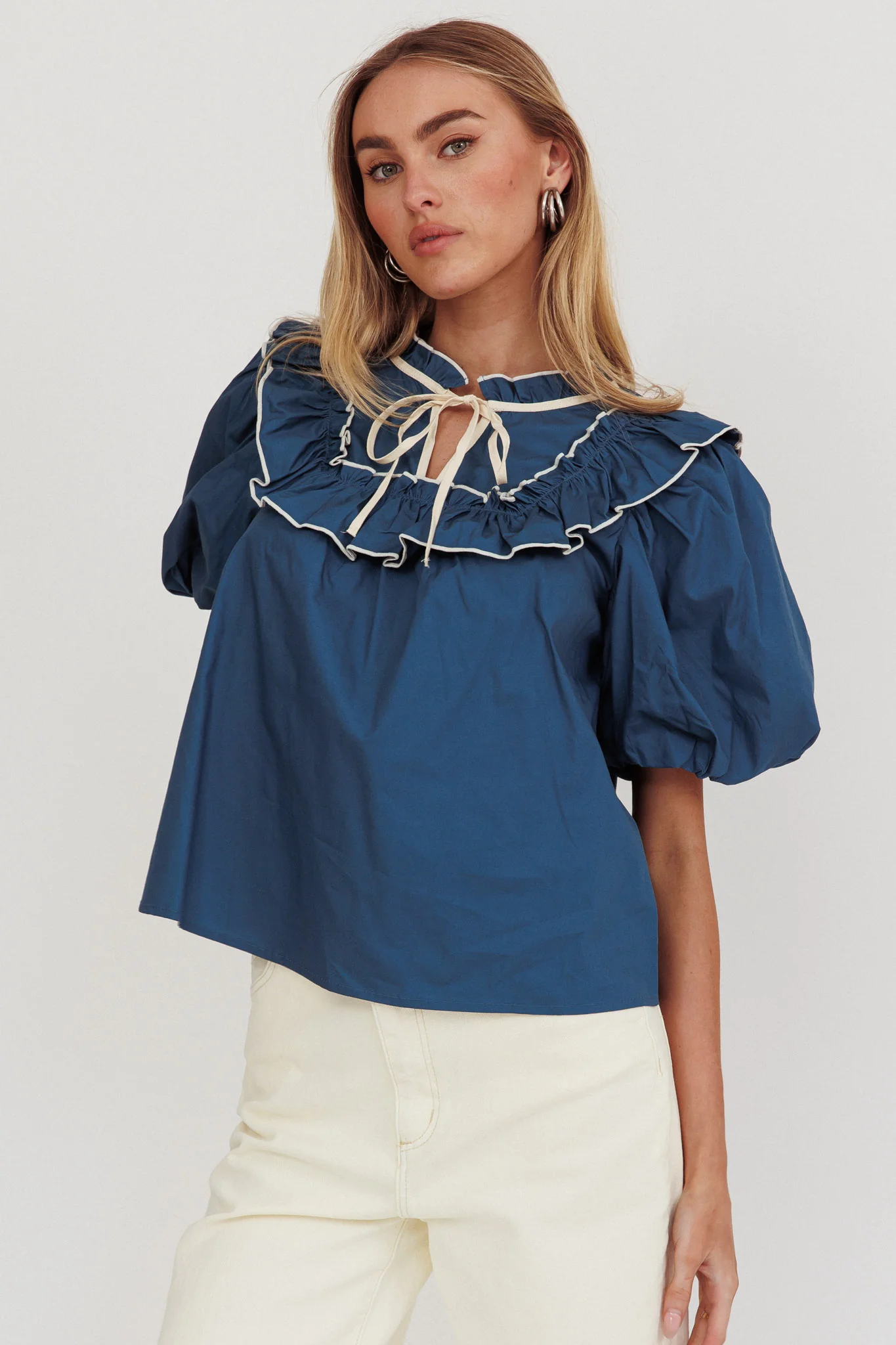 Remarkable Puff Sleeve Tied Neck Top Teal - Image 5