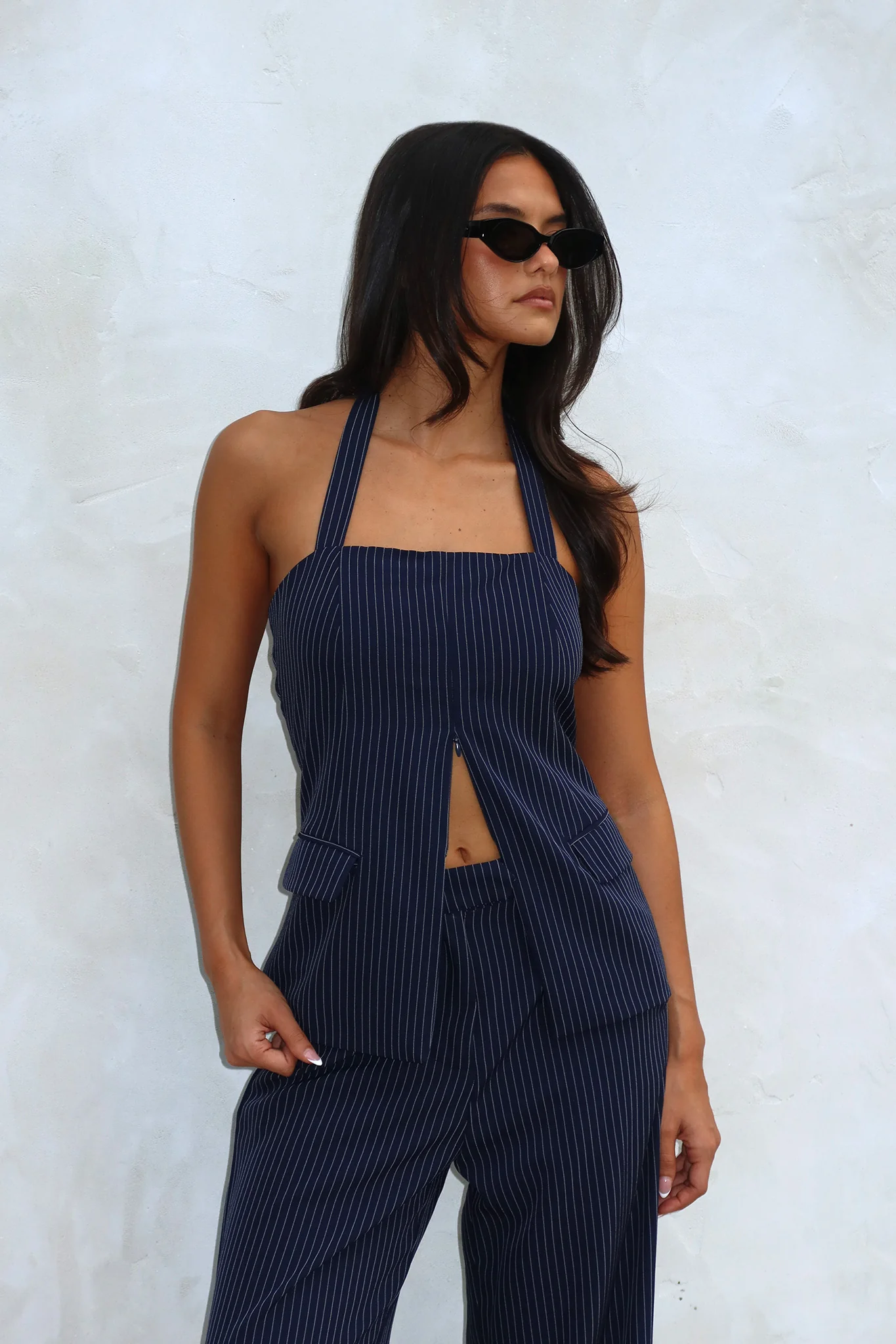 Renee Front Zip Halter Top Pinstripe Navy - Image 2