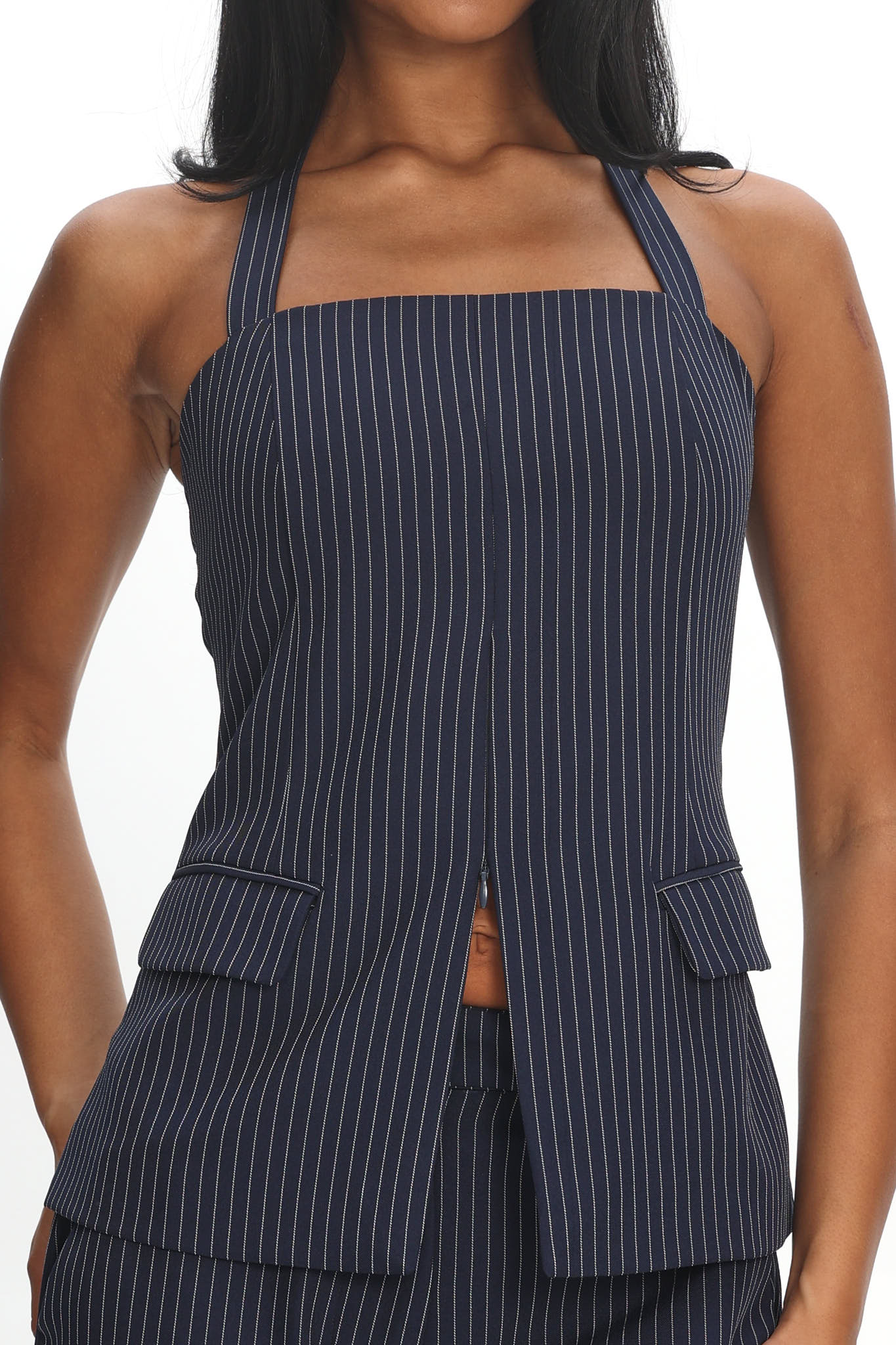 Renee Front Zip Halter Top Pinstripe Navy - Image 4