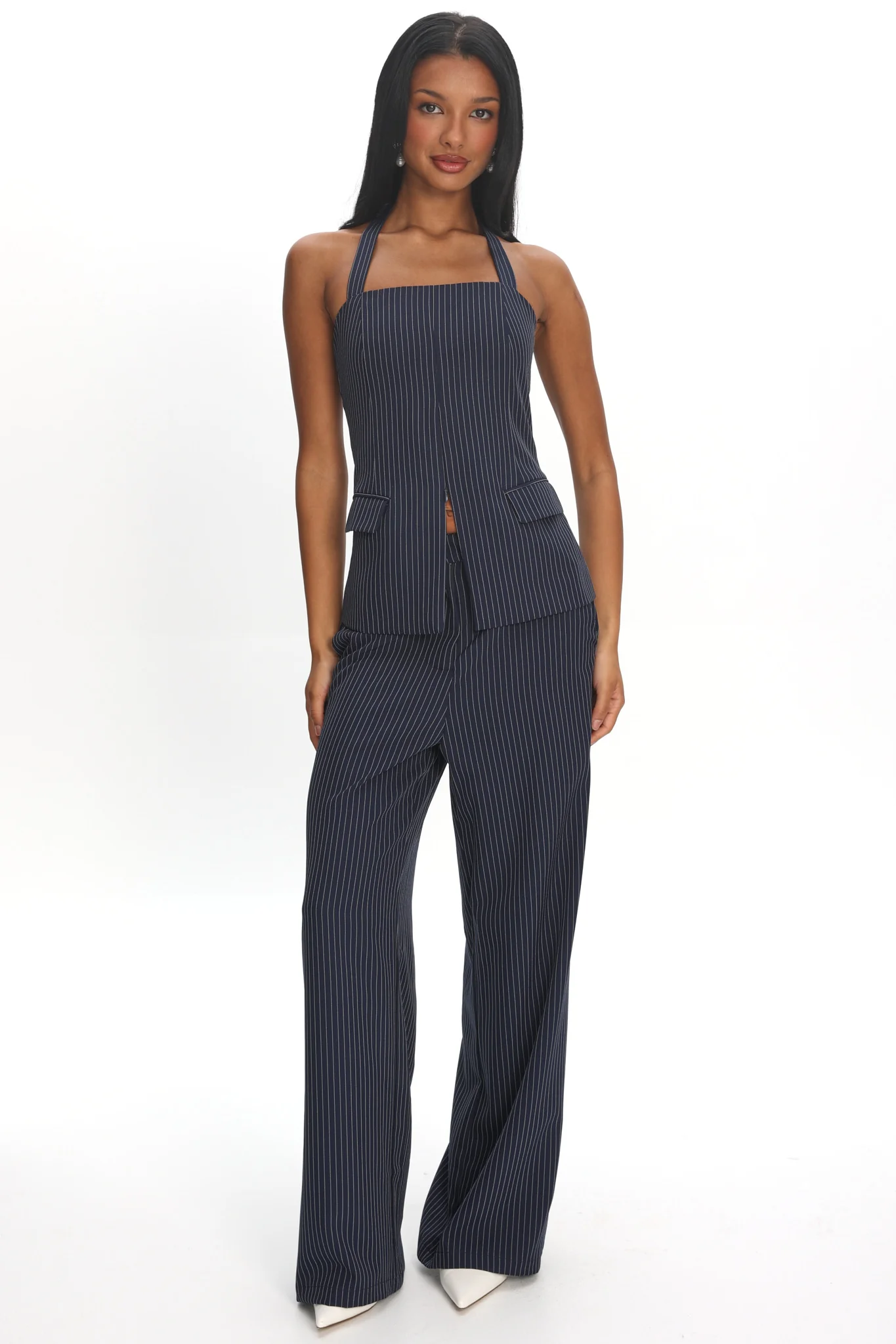 Renee Front Zip Halter Top Pinstripe Navy - Image 5