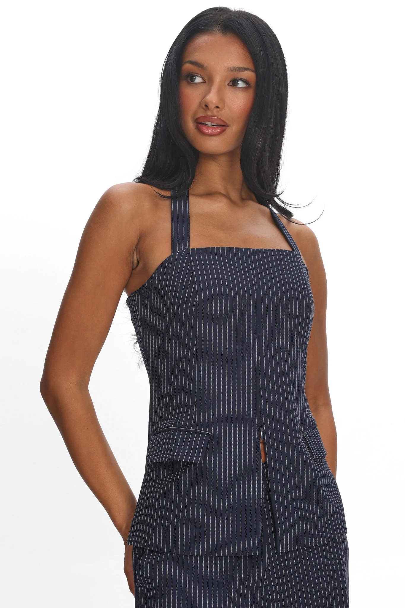 Renee Front Zip Halter Top Pinstripe Navy - Image 6