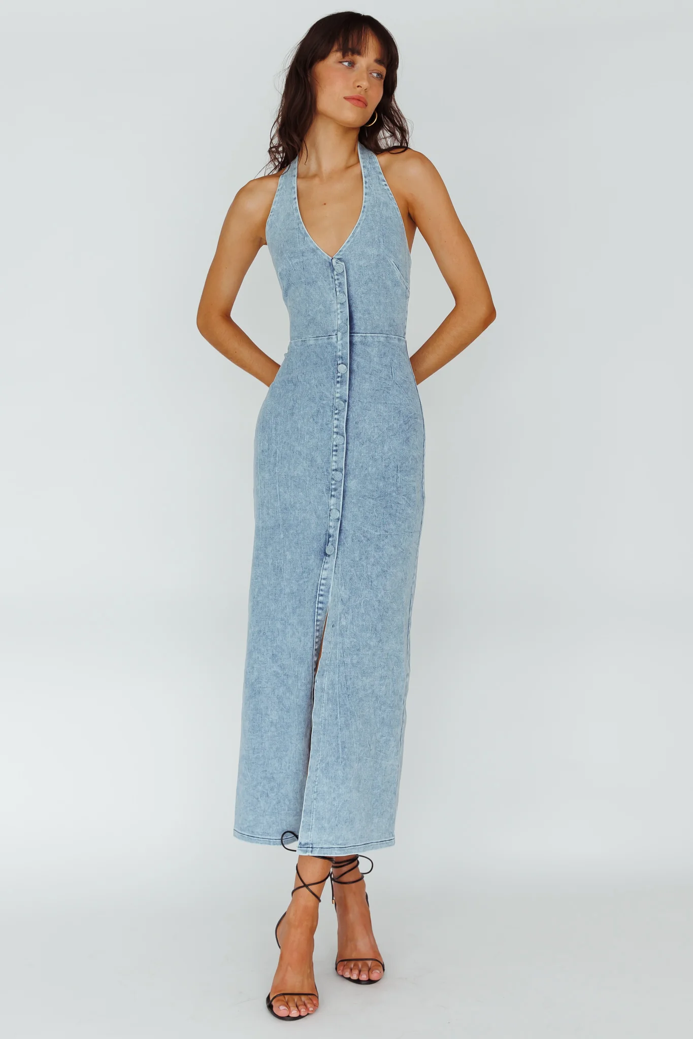 Renita Halterneck Button Maxi Dress Denim Blue - Image 3