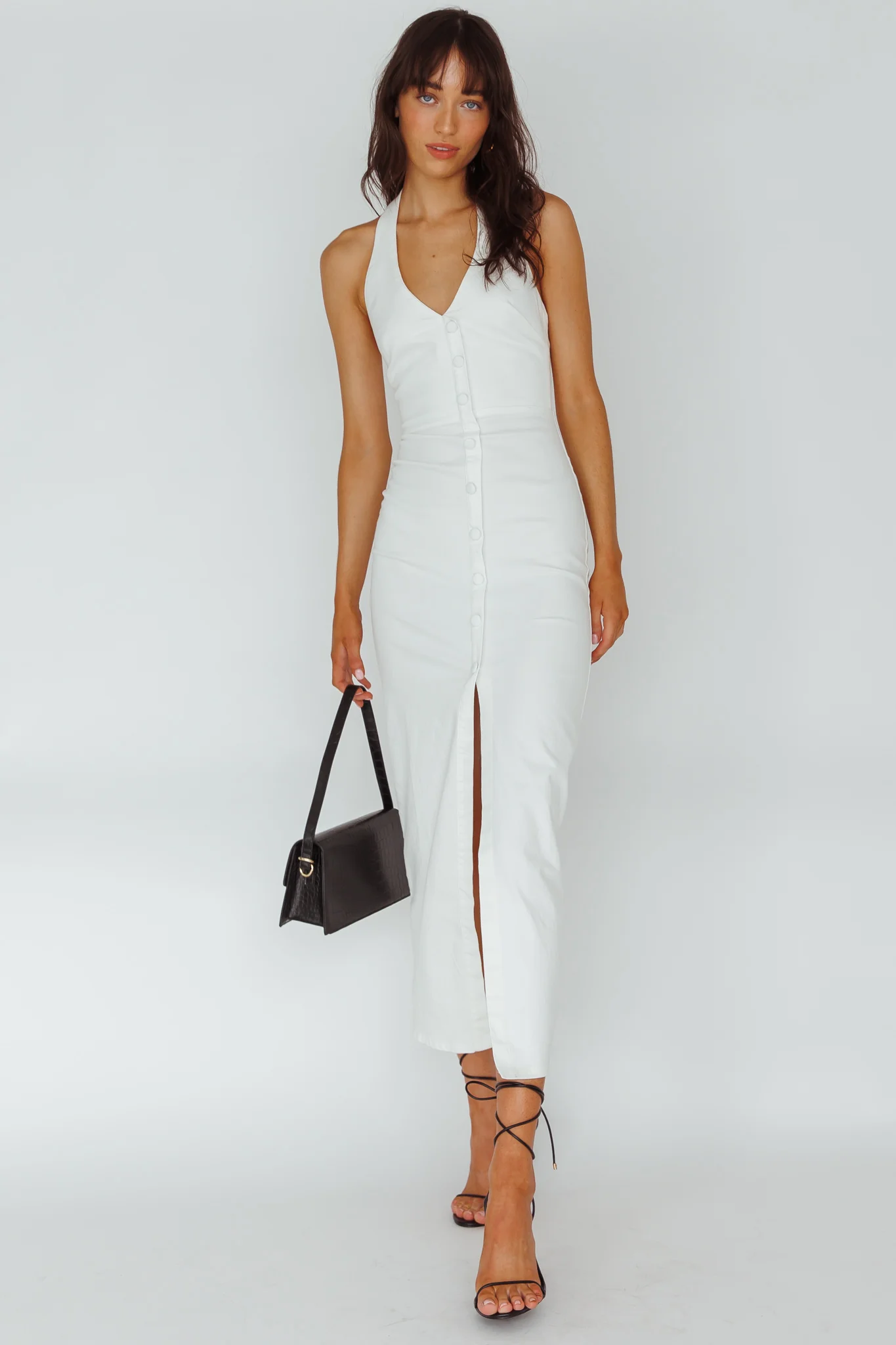 Renita Halterneck Button Maxi Dress White - Image 5