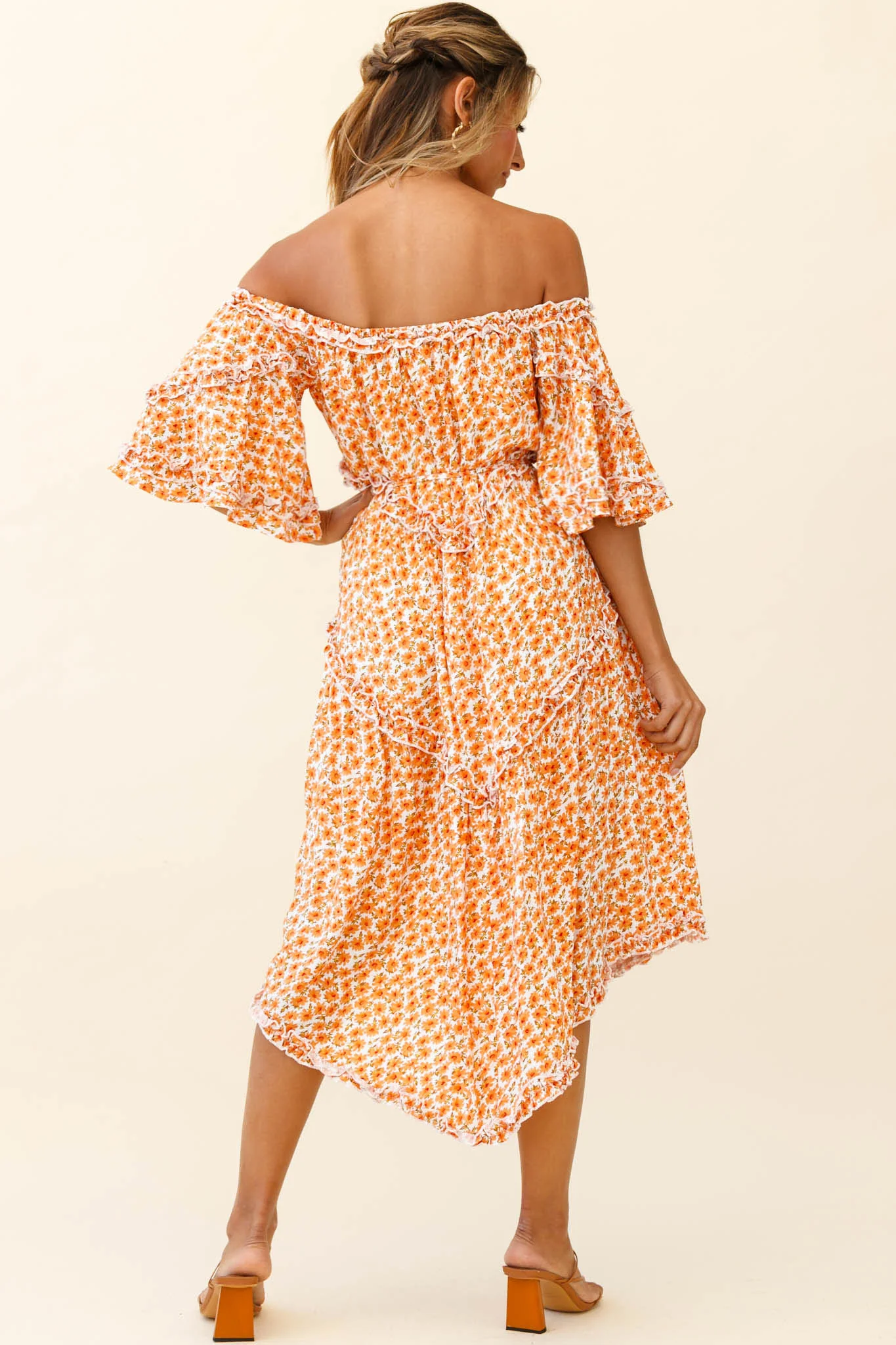 Renoir Off-Shoulder Frill Trim Dress Floral Print Orange - Image 5