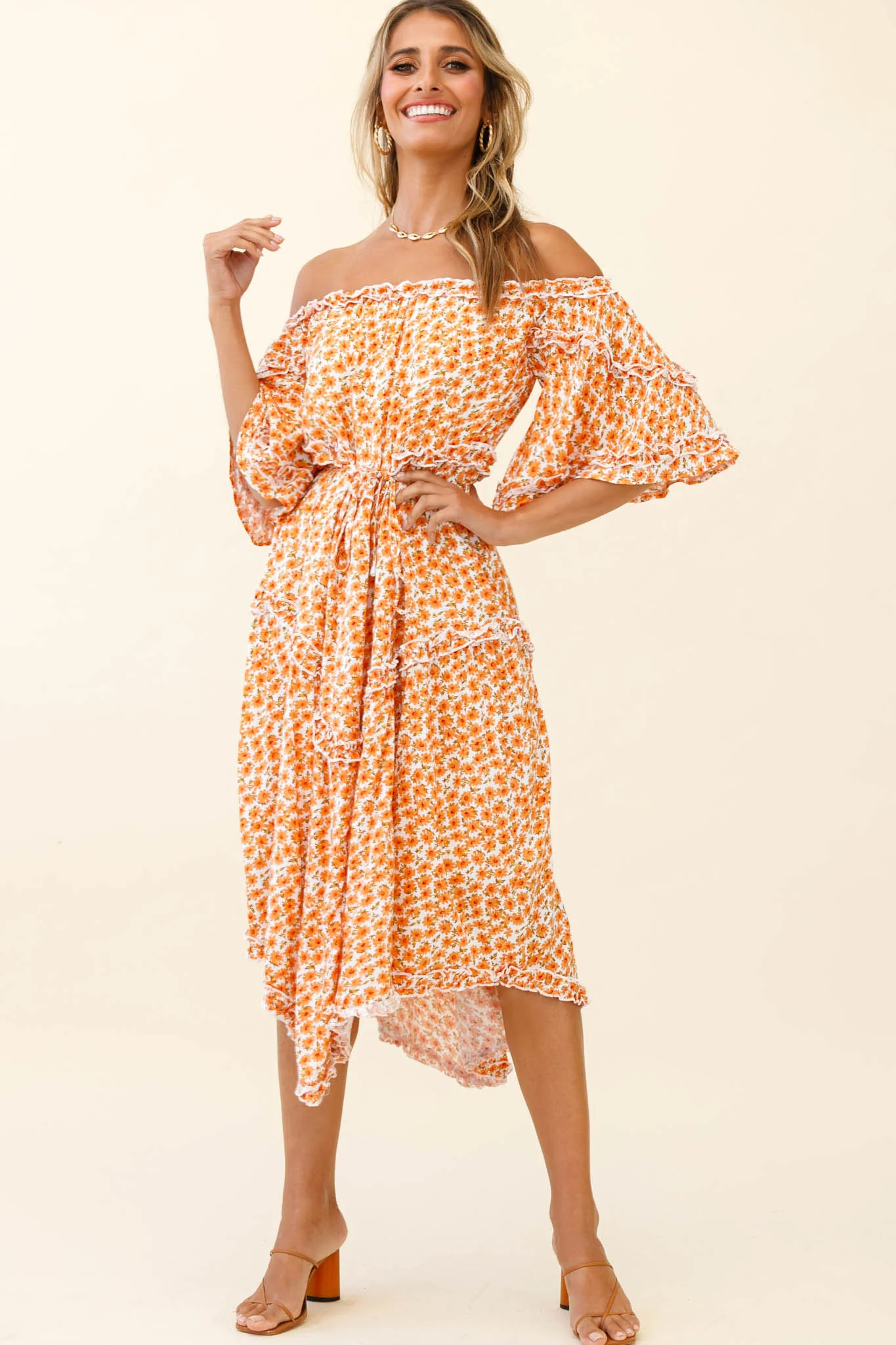 Renoir Off-Shoulder Frill Trim Dress Floral Print Orange - Image 6