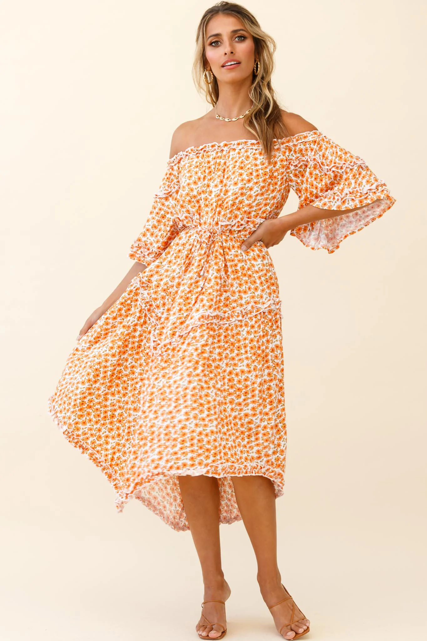 Renoir Off-Shoulder Frill Trim Dress Floral Print Orange - Image 7