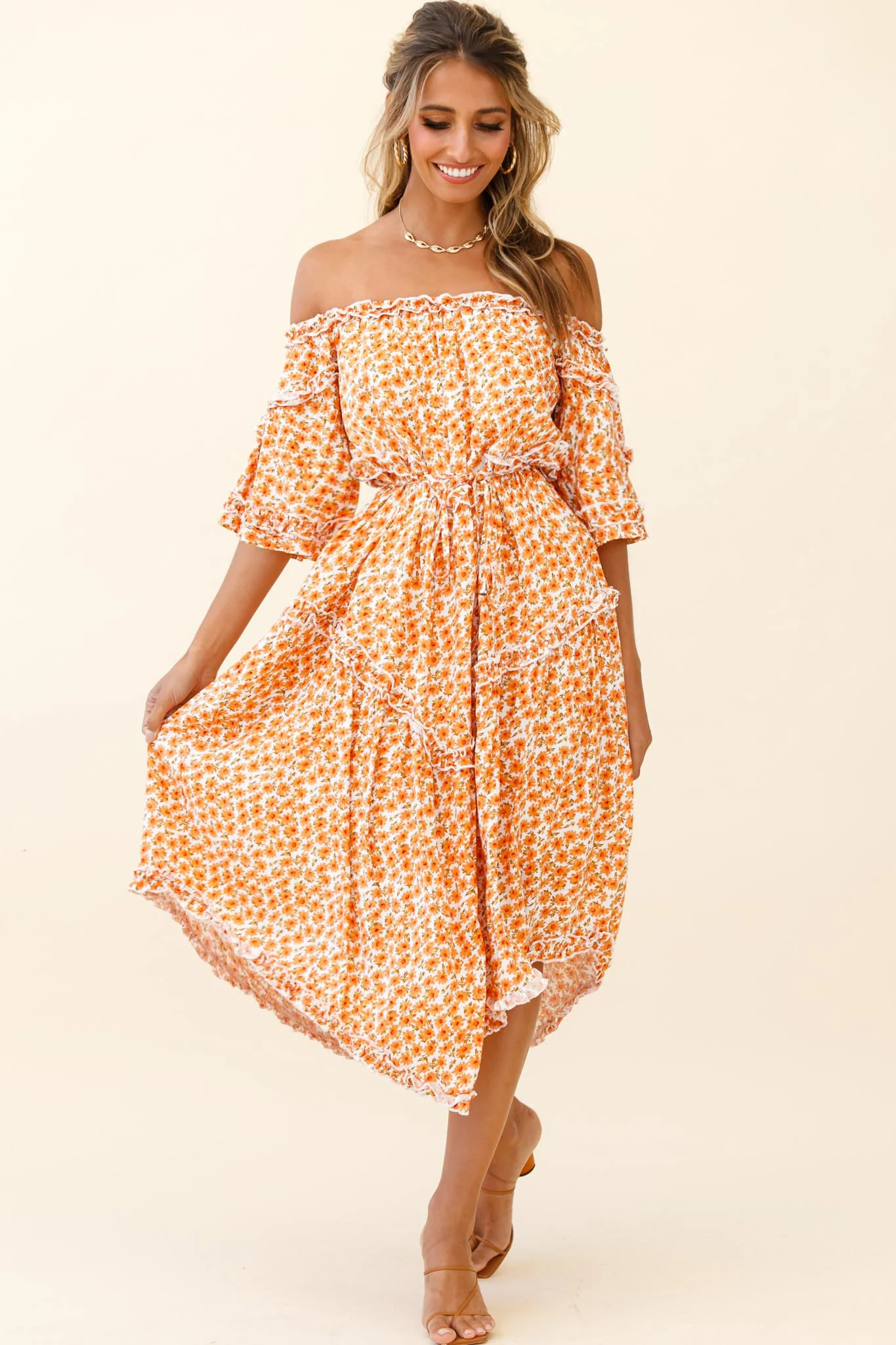 Renoir Off-Shoulder Frill Trim Dress Floral Print Orange - Image 8