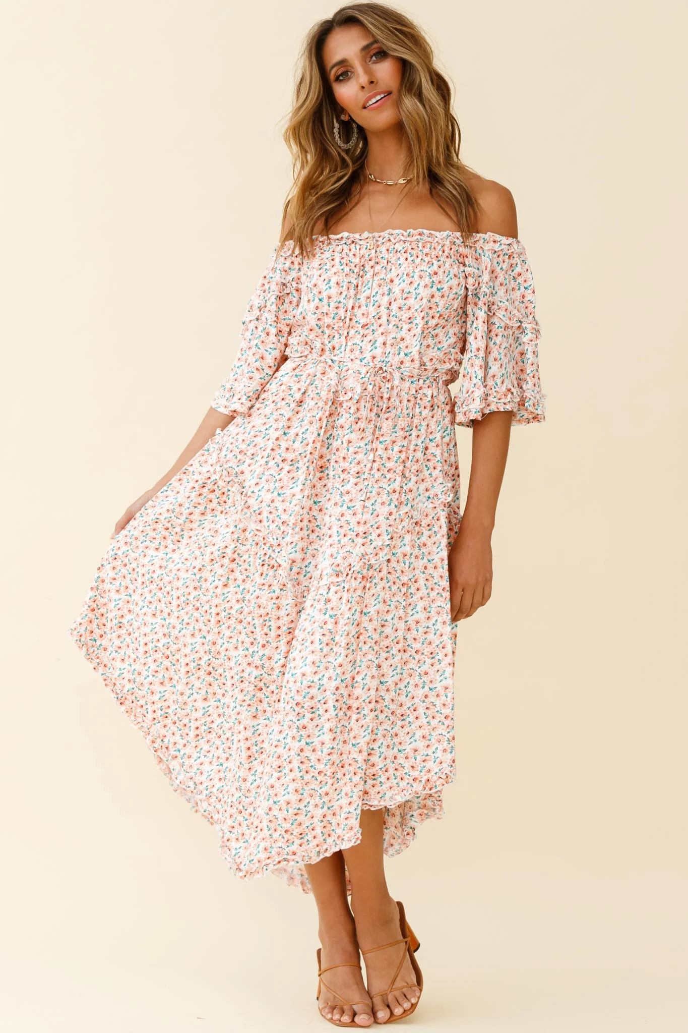 Renoir Off-Shoulder Frill Trim Dress Floral Print Pink - Image 6
