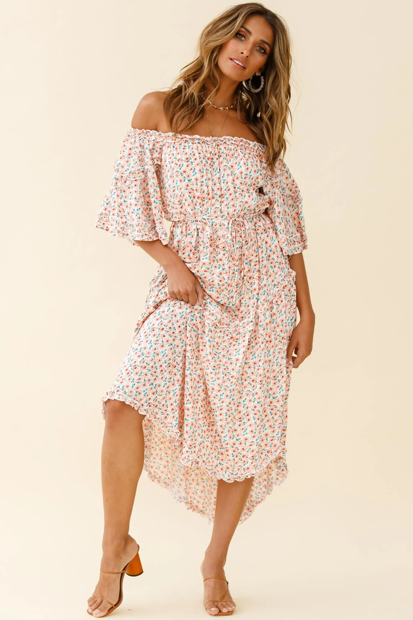 Renoir Off-Shoulder Frill Trim Dress Floral Print Pink - Image 7